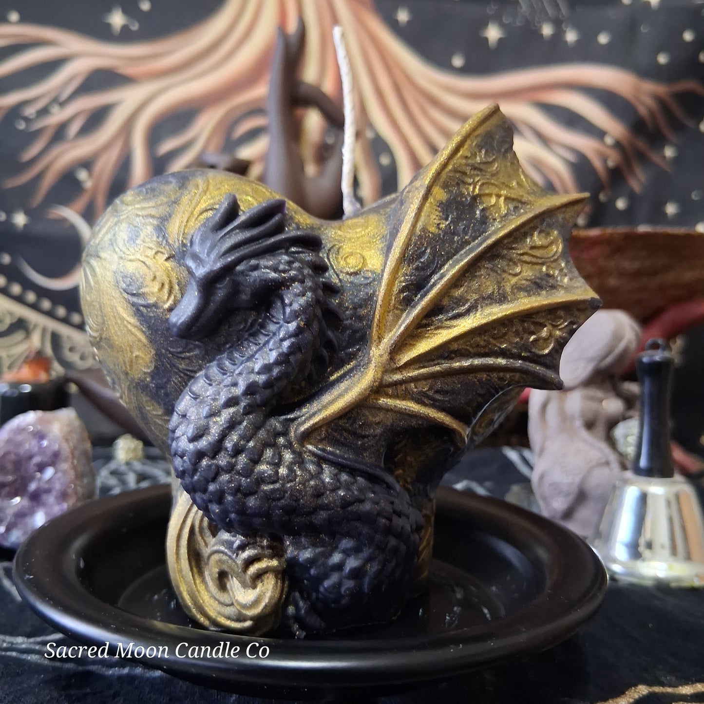 Black and Gold Mystical Dragon Heart Pillar Candle