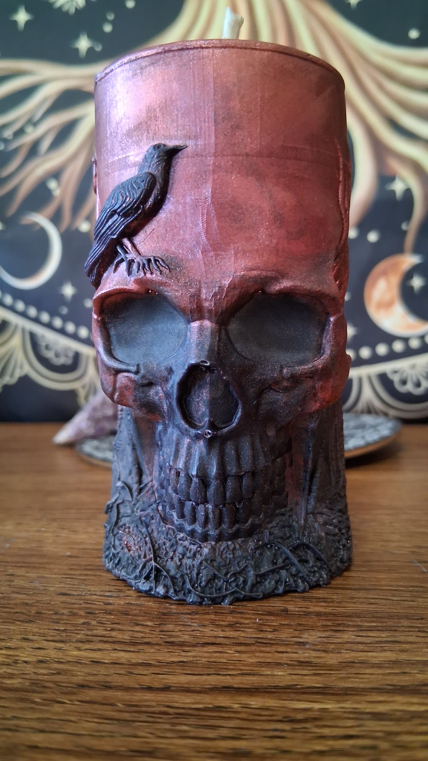 Red and Black Nightshade Elixir Skull and Raven Pillar Candle