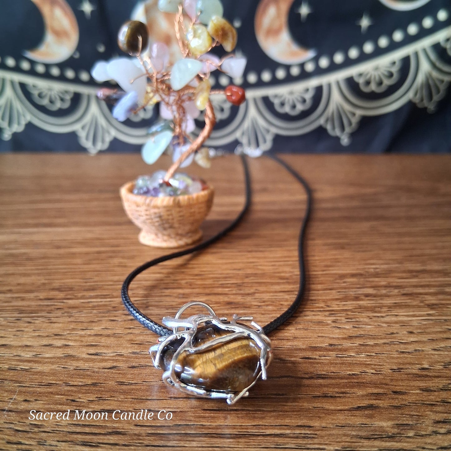 Tigers Eye Tree Branch Wrapped Heart Stone Pendant Necklace