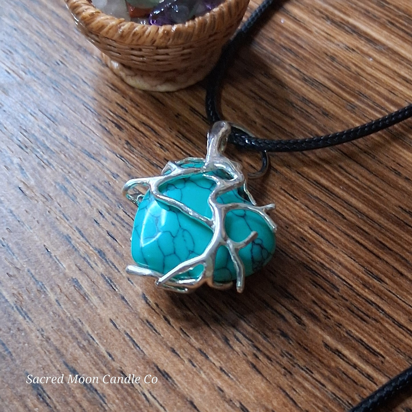 Turquoise Tree Branch Wrapped Heart Stone Pendant Necklace