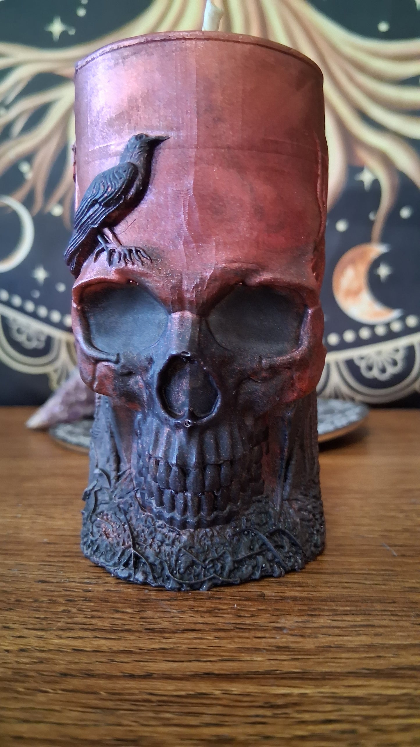 Red and Black Nightshade Elixir Skull and Raven Pillar Candle