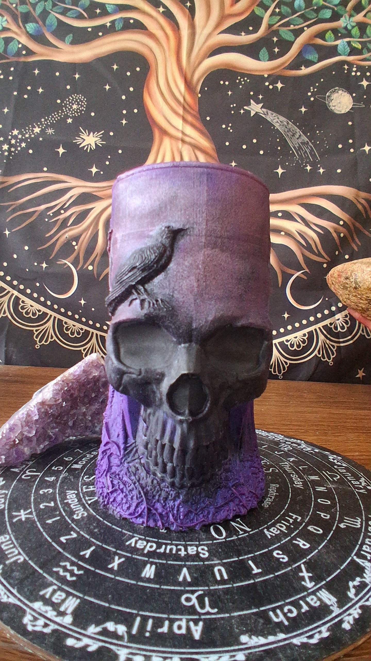 Pink, Purple, and Black Nightshade Elixir Skull and Raven Pillar Candle