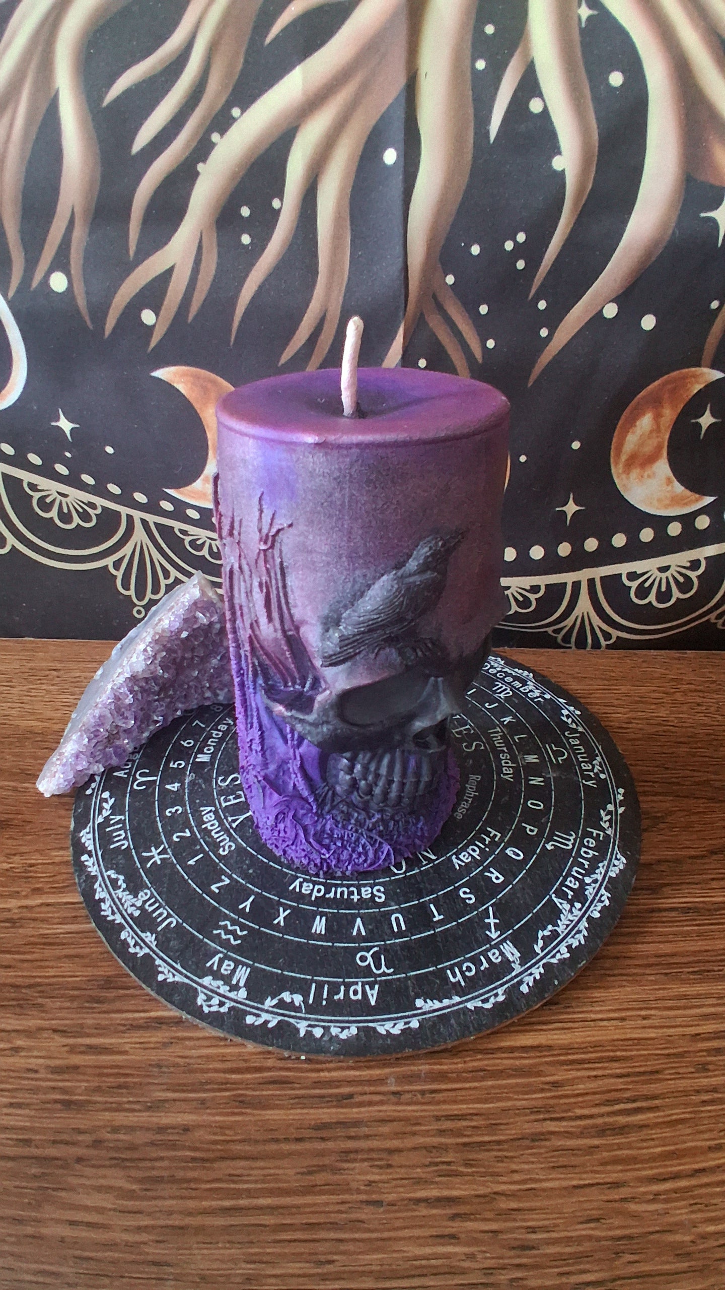 Pink, Purple, and Black Nightshade Elixir Skull and Raven Pillar Candle