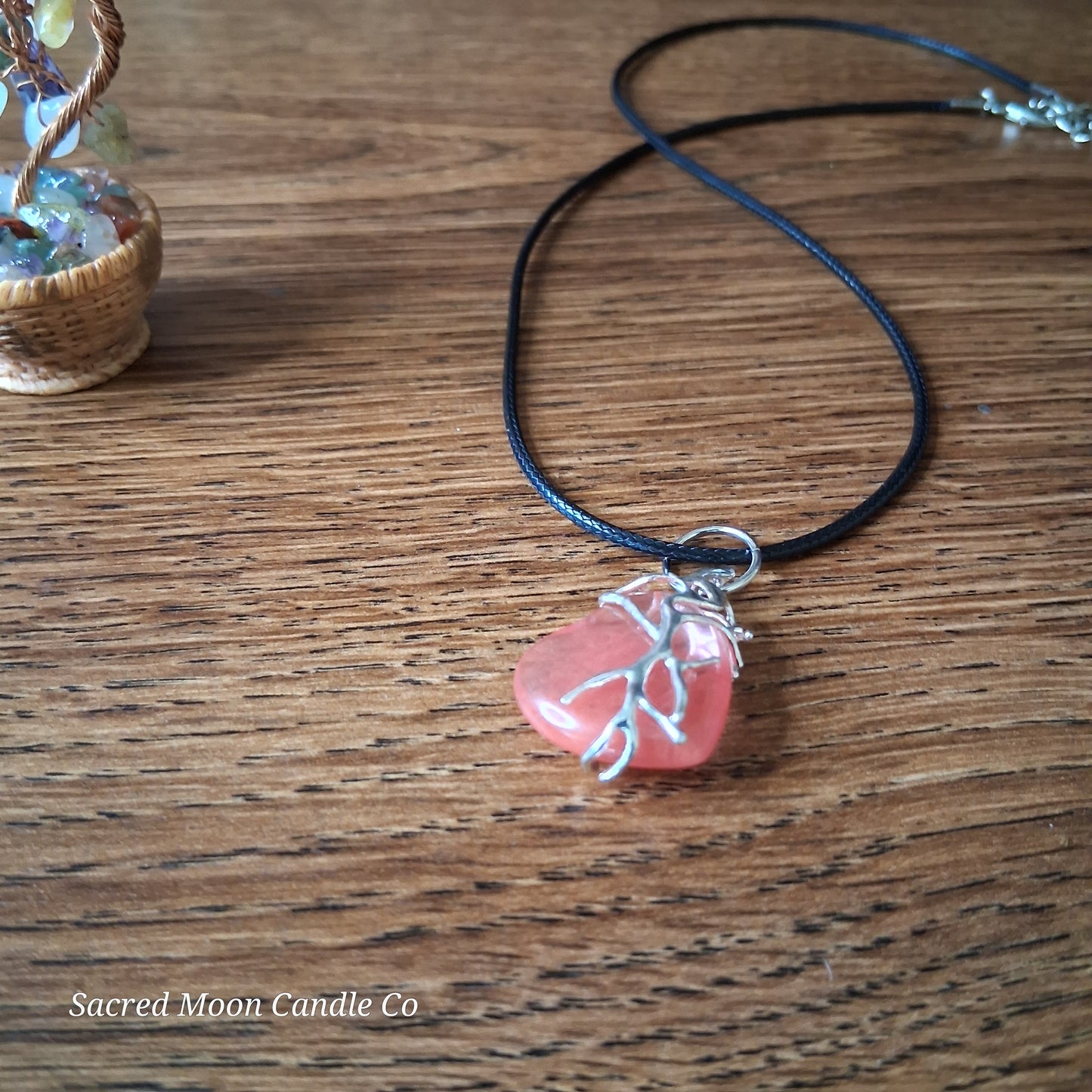 Cherry Quartz Tree Branch Wrapped Heart Stone Pendant Necklace