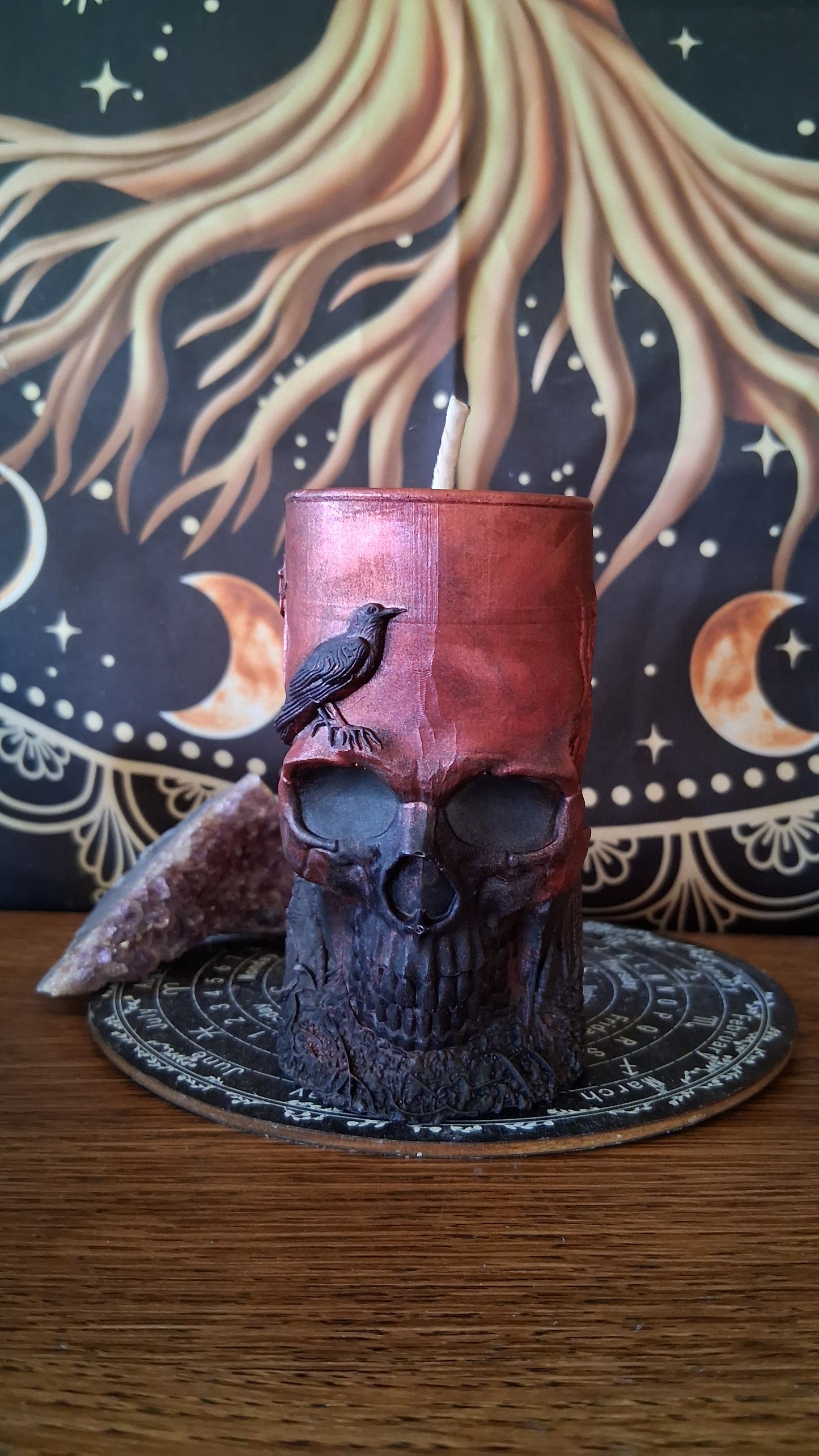 Red and Black Nightshade Elixir Skull and Raven Pillar Candle