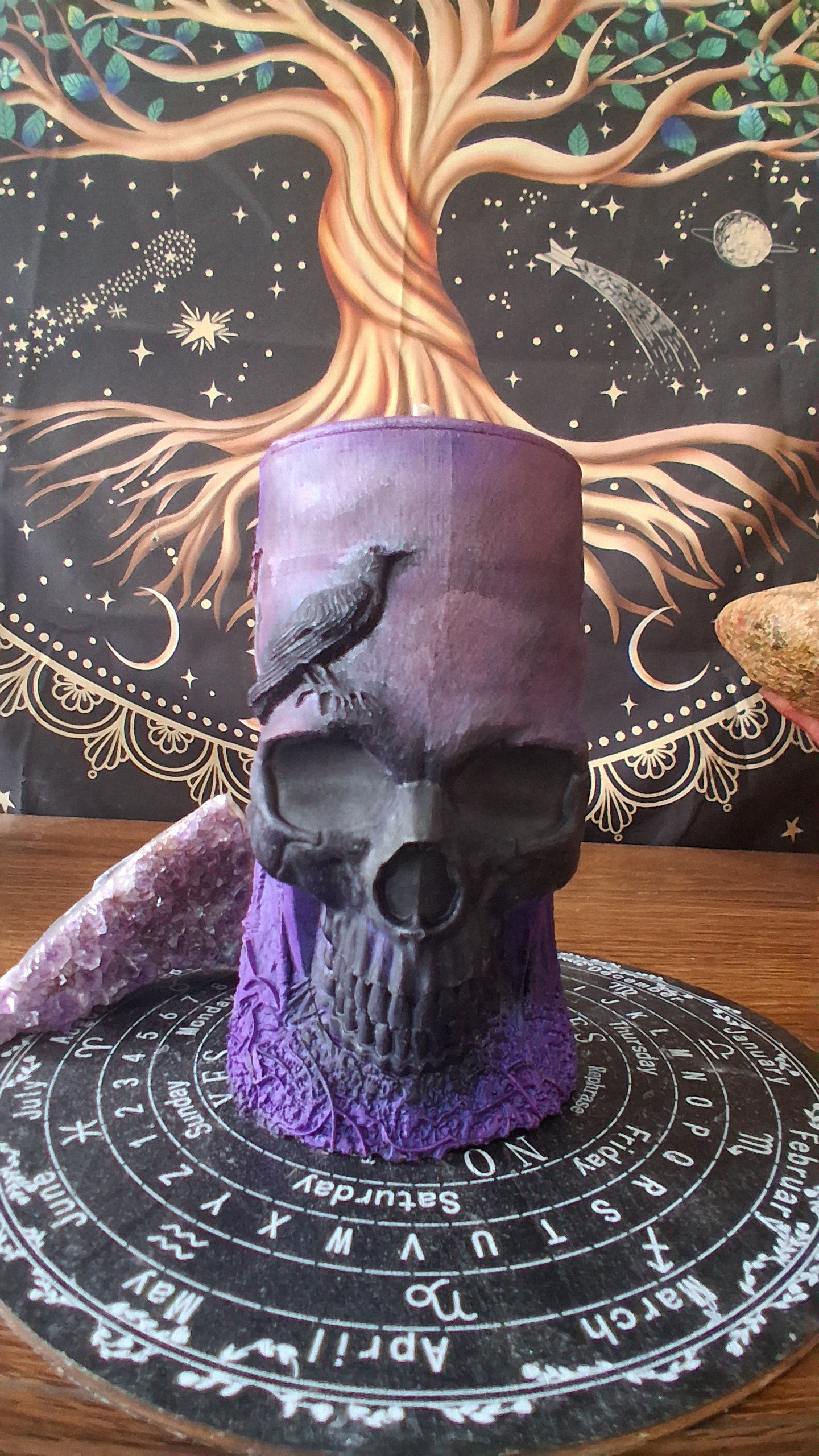 Pink, Purple, and Black Nightshade Elixir Skull and Raven Pillar Candle