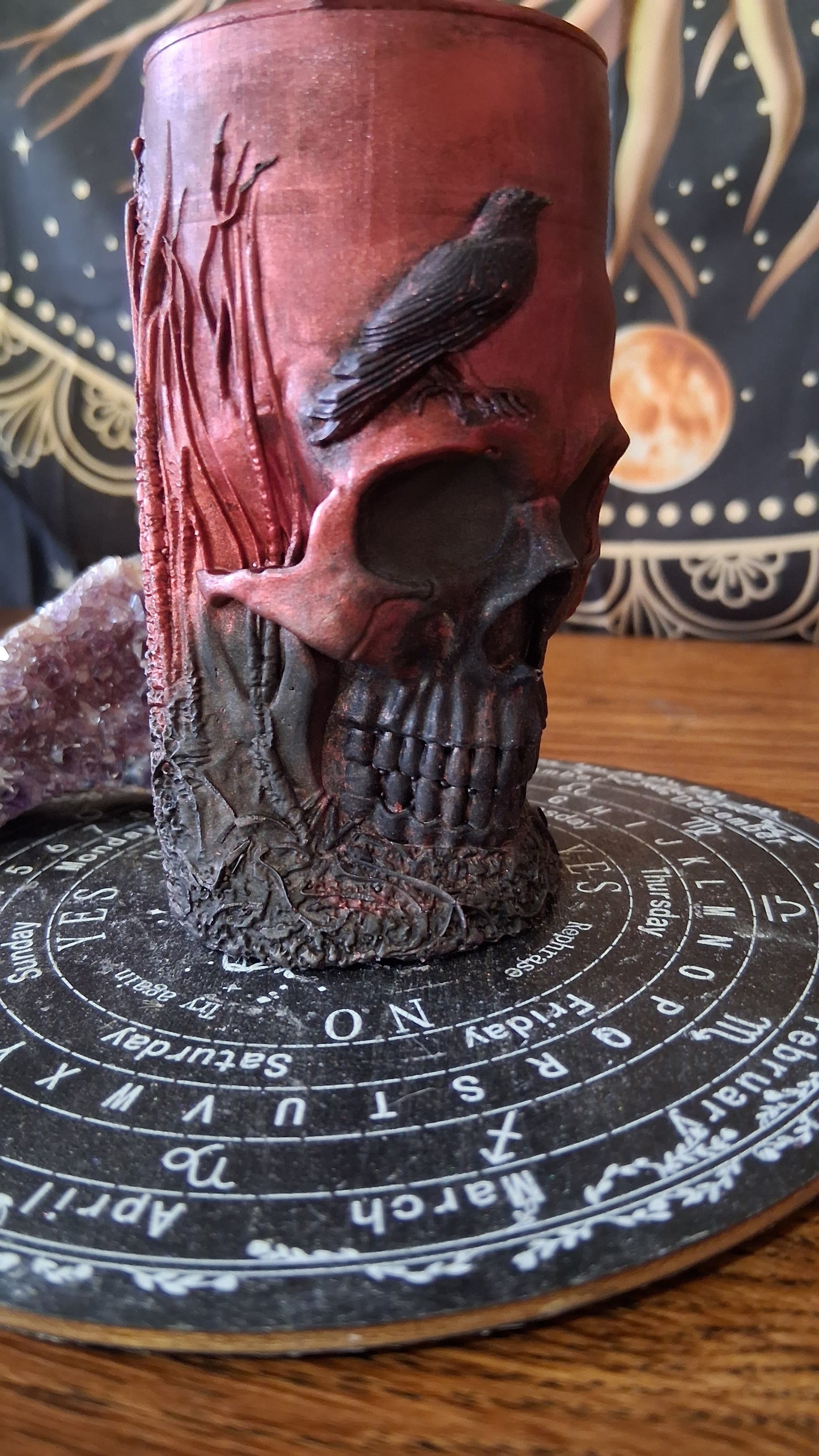 Red and Black Nightshade Elixir Skull and Raven Pillar Candle