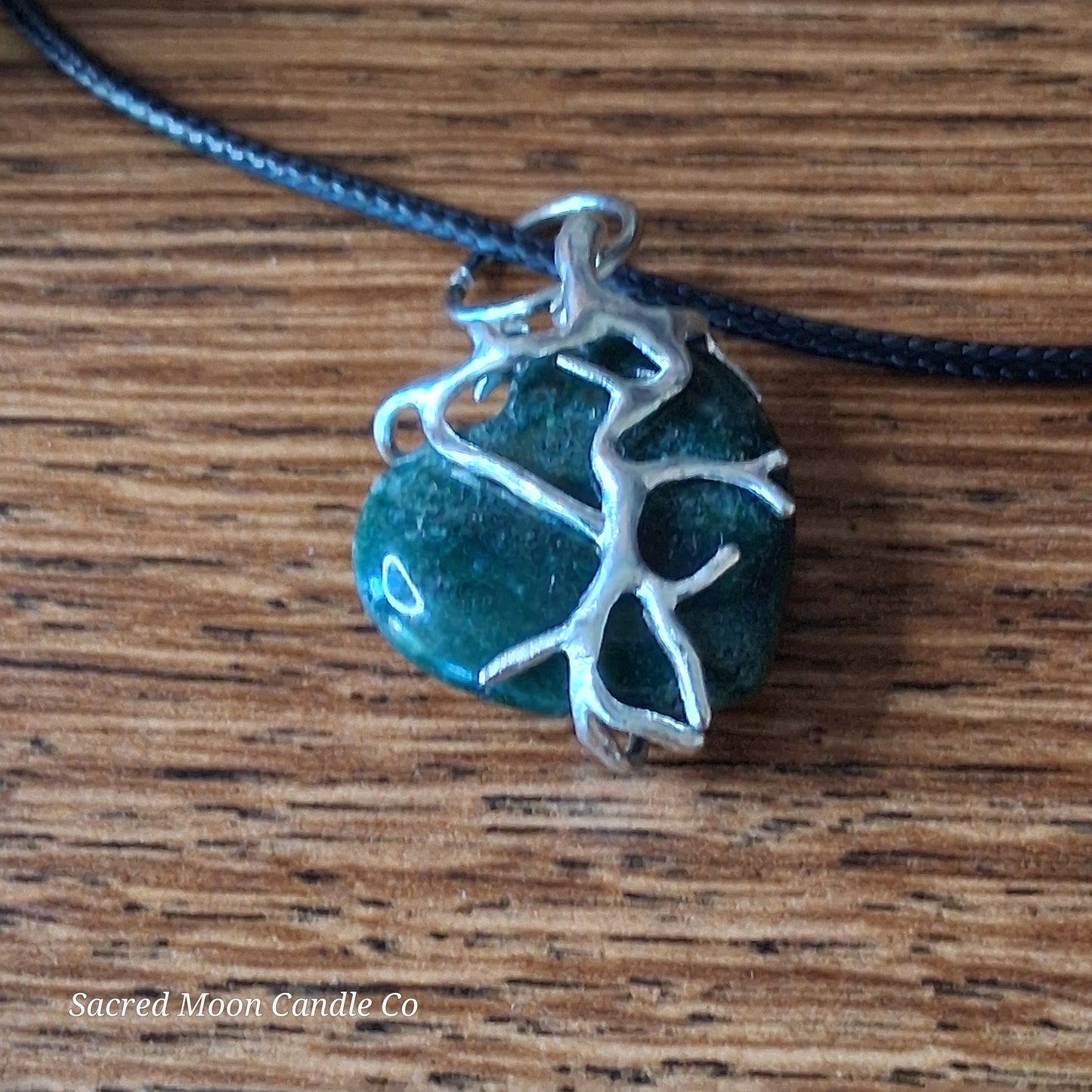 Moss Agate Heart Stone Tree Wrapped Pendant Necklace