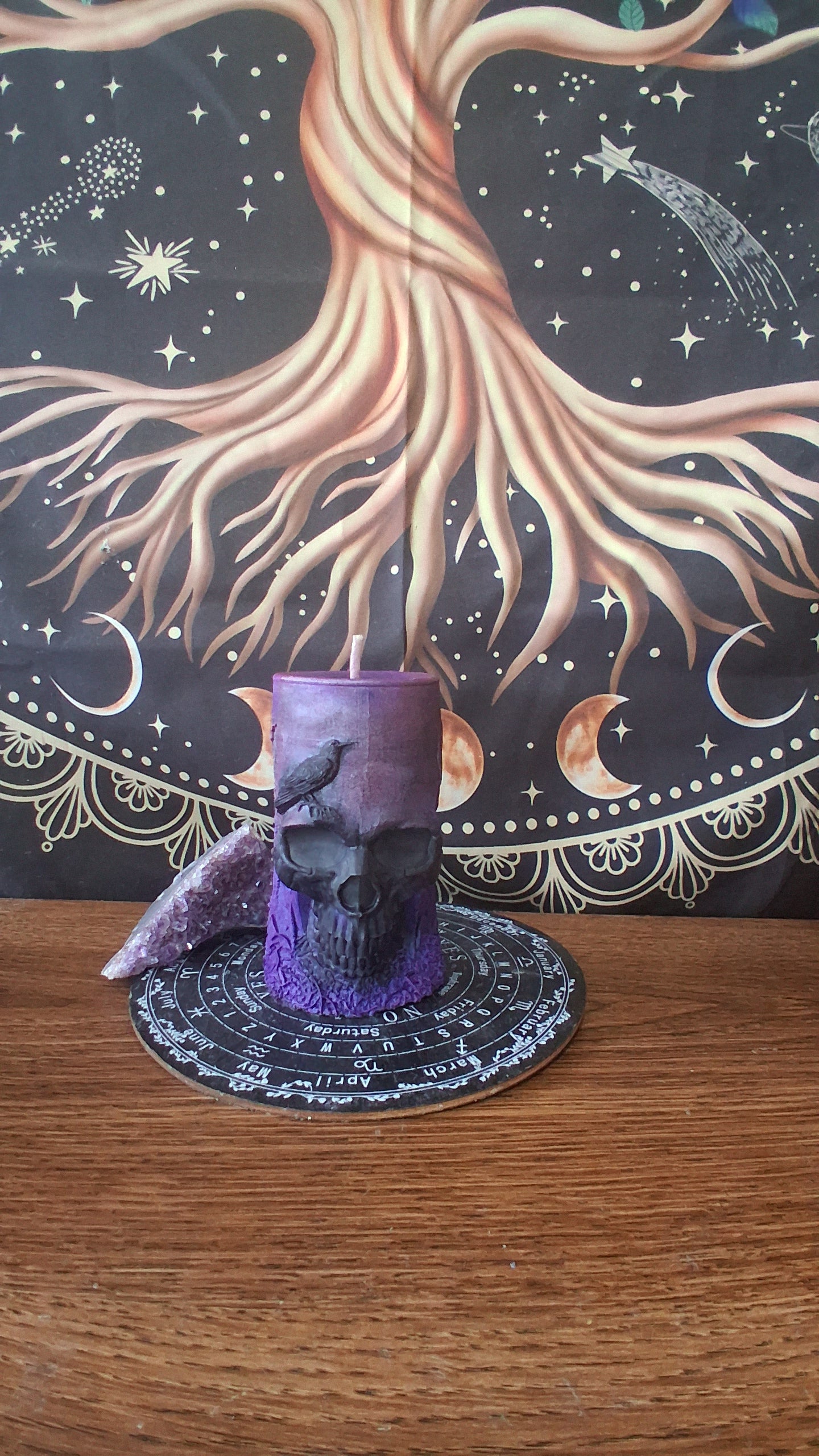 Pink, Purple, and Black Nightshade Elixir Skull and Raven Pillar Candle