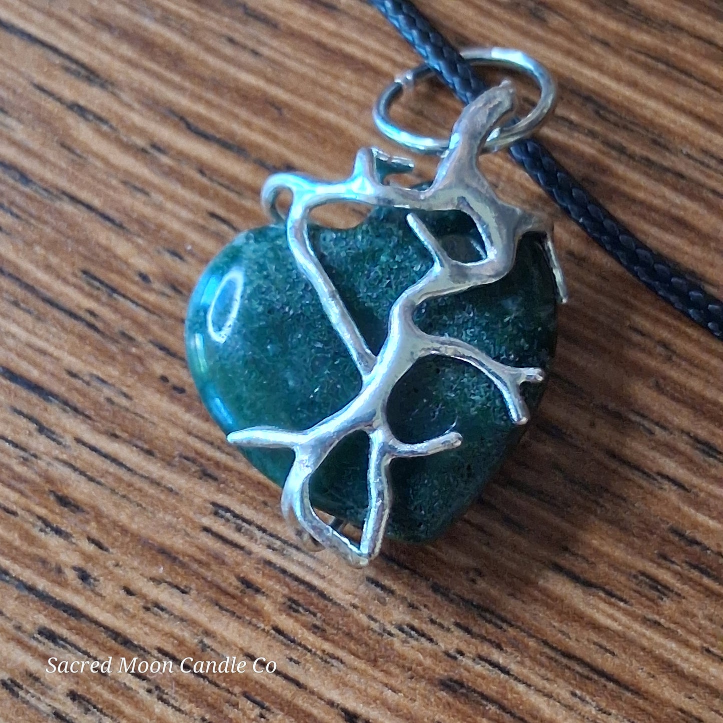 Moss Agate Heart Stone Tree Wrapped Pendant Necklace