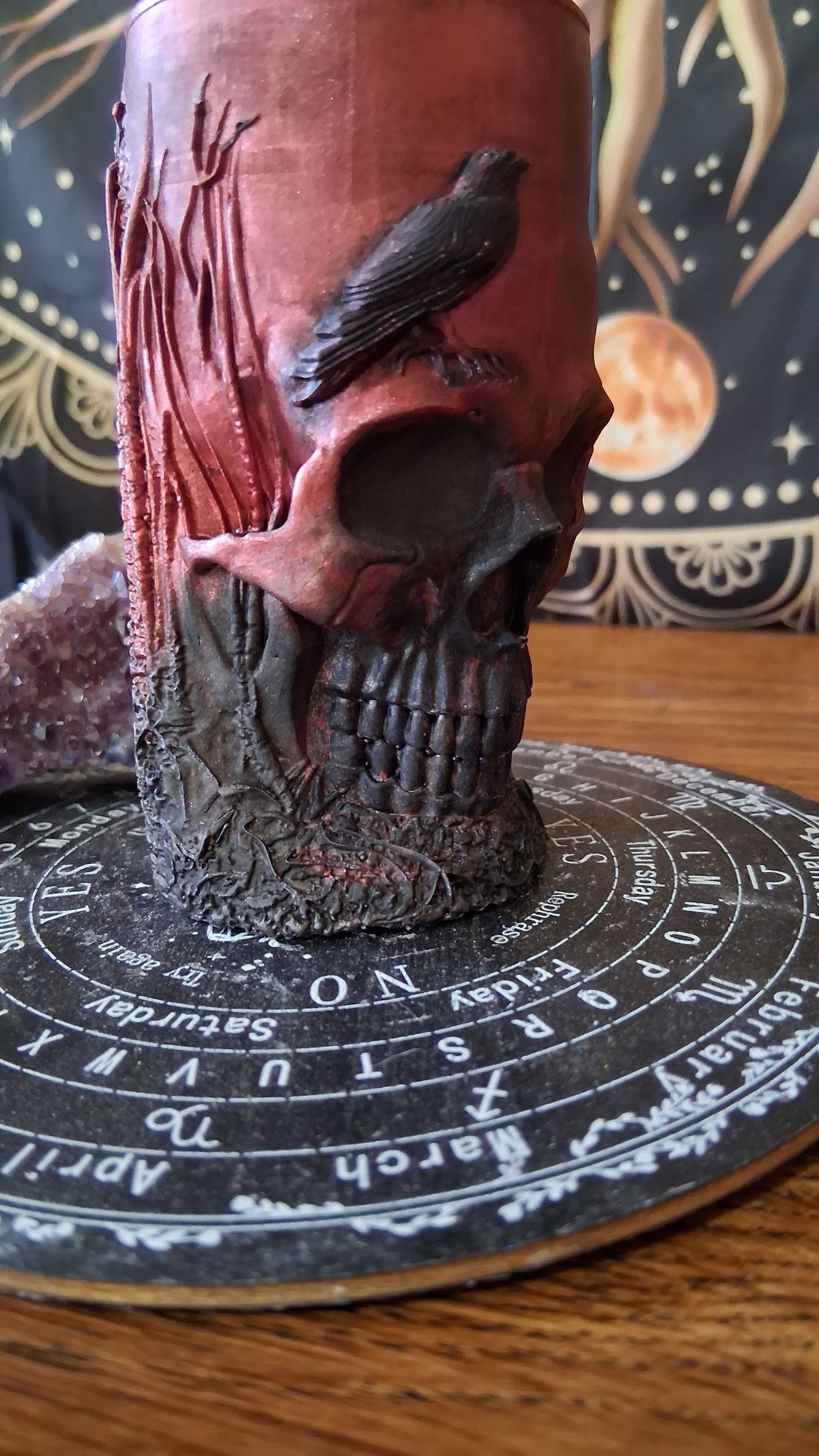 Red and Black Nightshade Elixir Skull and Raven Pillar Candle