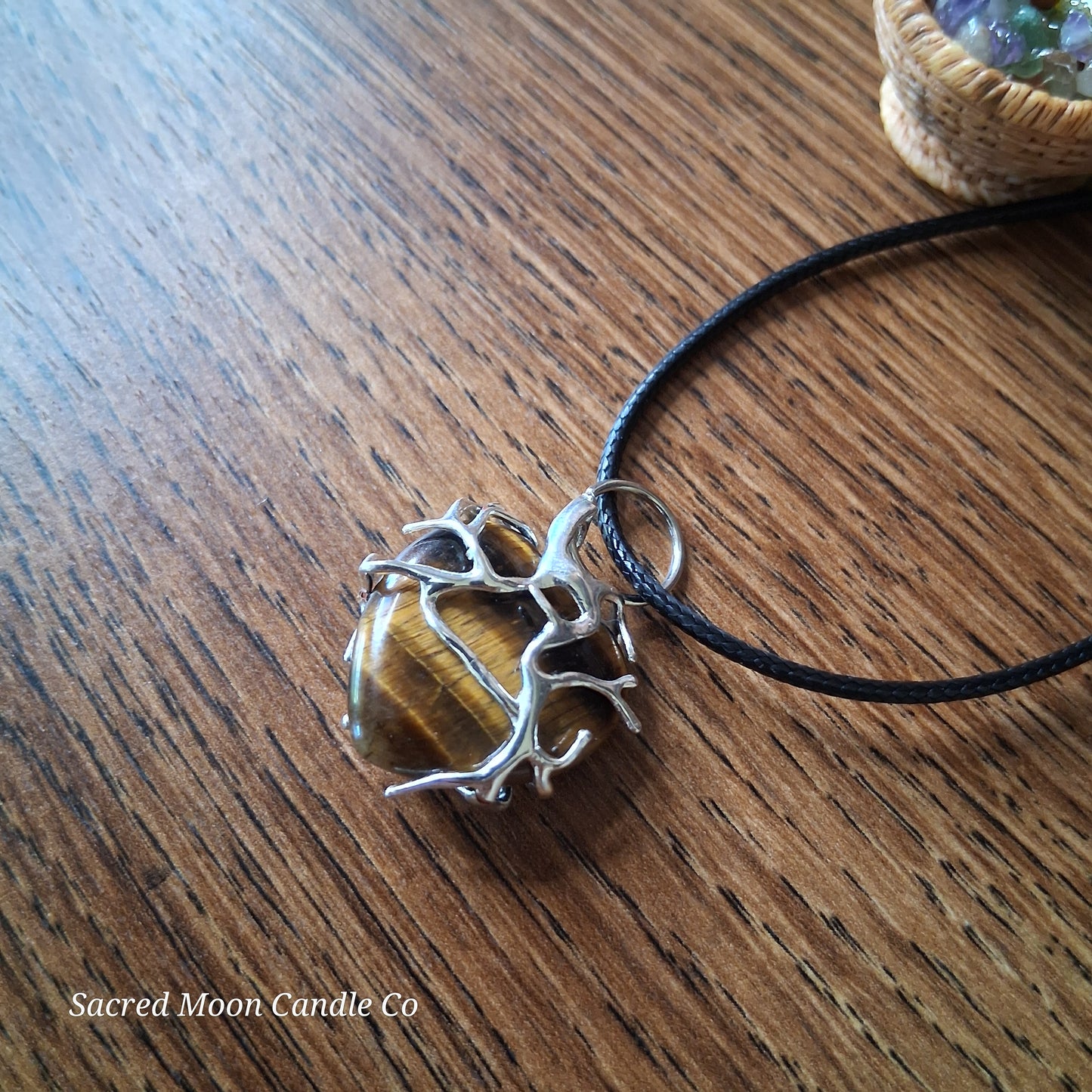 Tigers Eye Tree Branch Wrapped Heart Stone Pendant Necklace