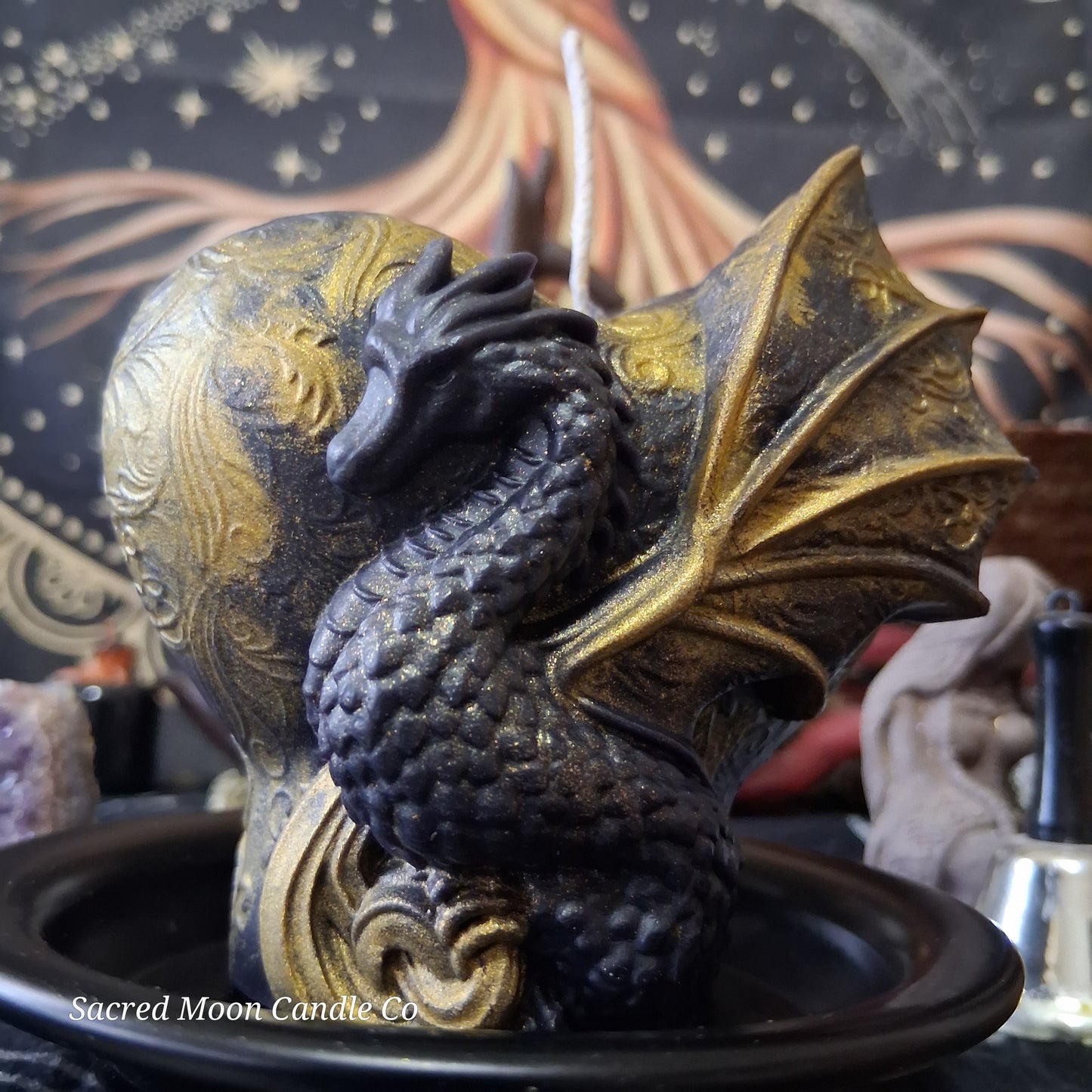 Black and Gold Mystical Dragon Heart Pillar Candle