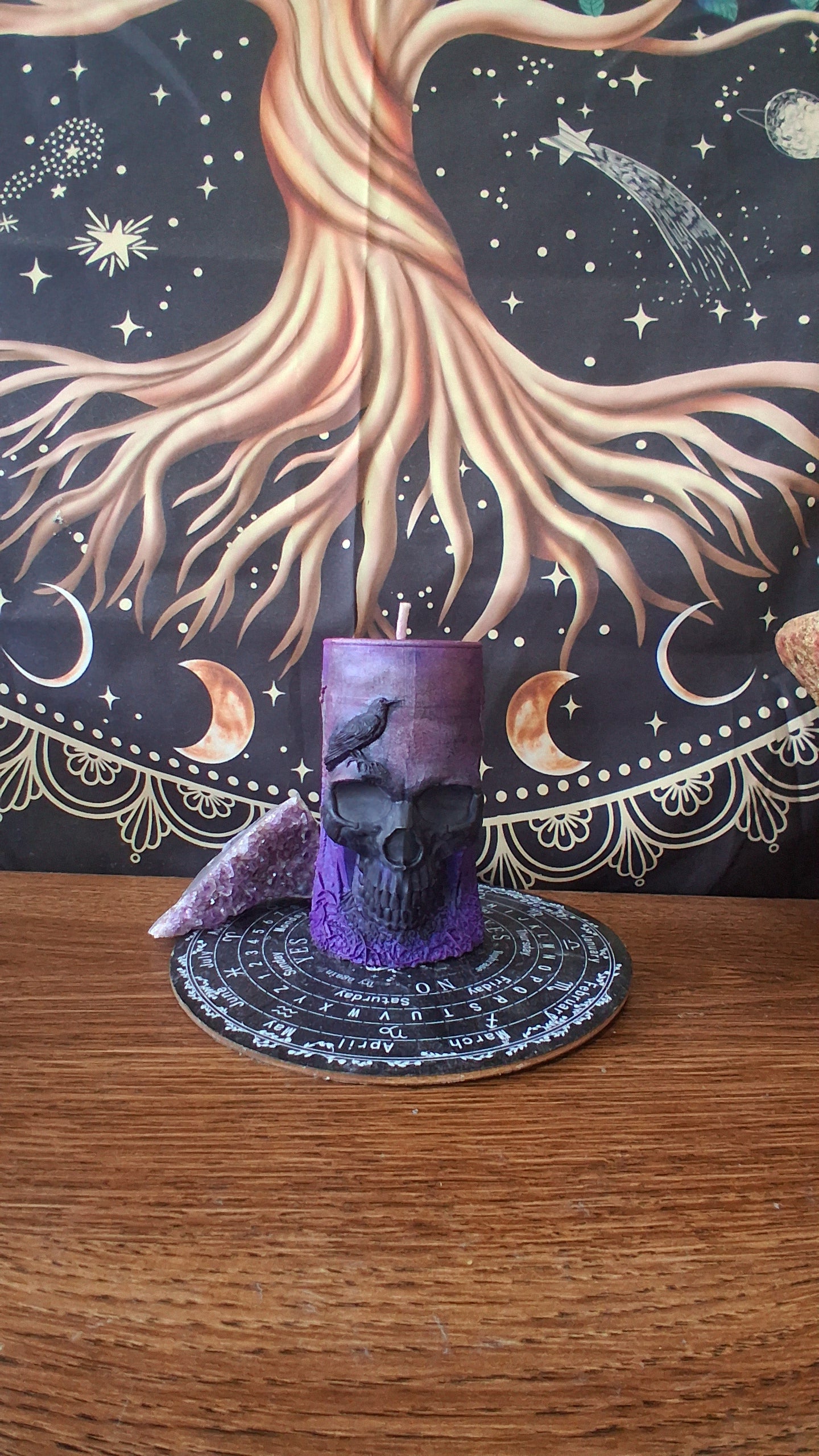 Pink, Purple, and Black Nightshade Elixir Skull and Raven Pillar Candle
