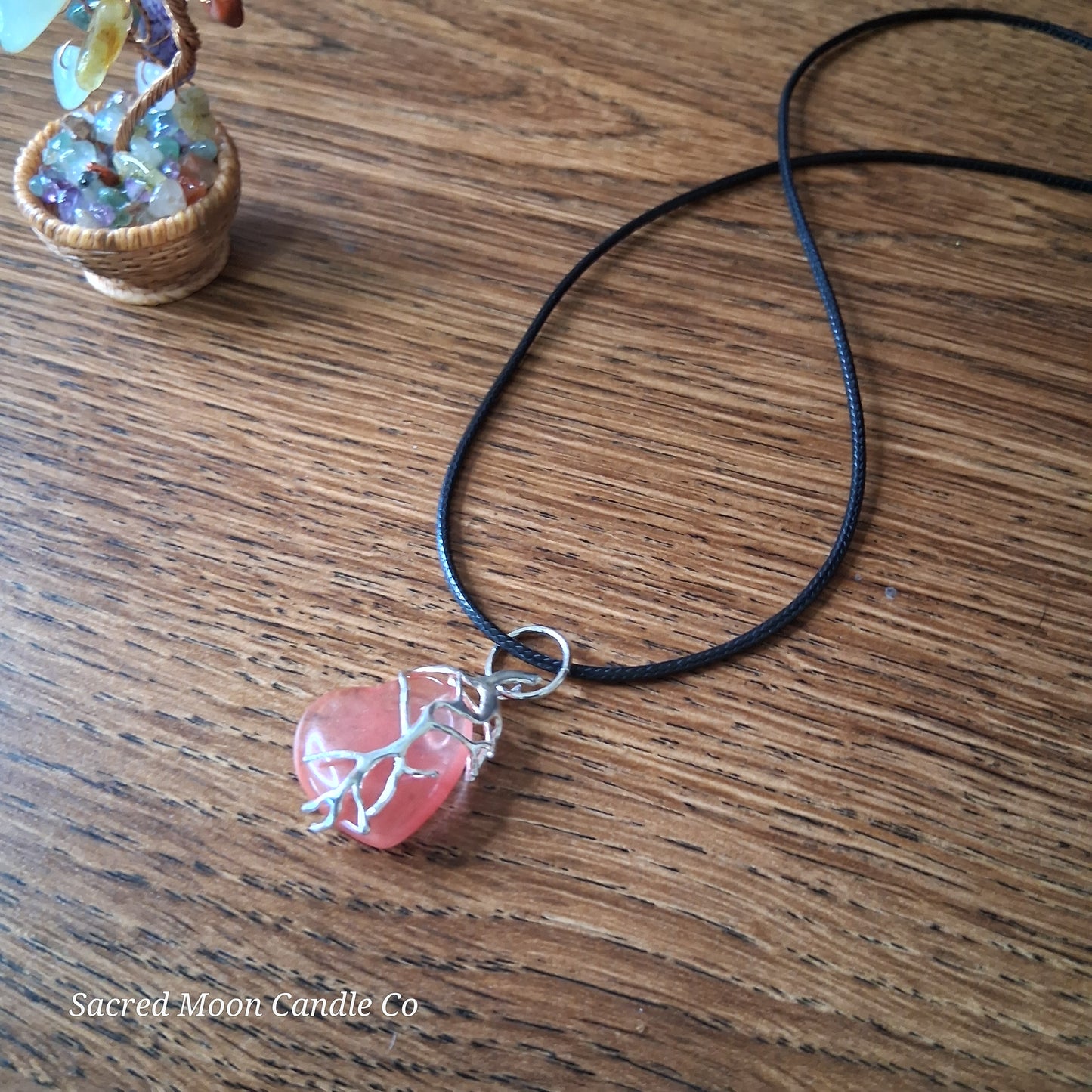 Cherry Quartz Tree Branch Wrapped Heart Stone Pendant Necklace