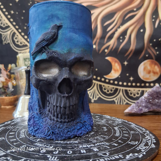 Blue and Black Nightshade Elixir Skull and Raven Pillar Candle