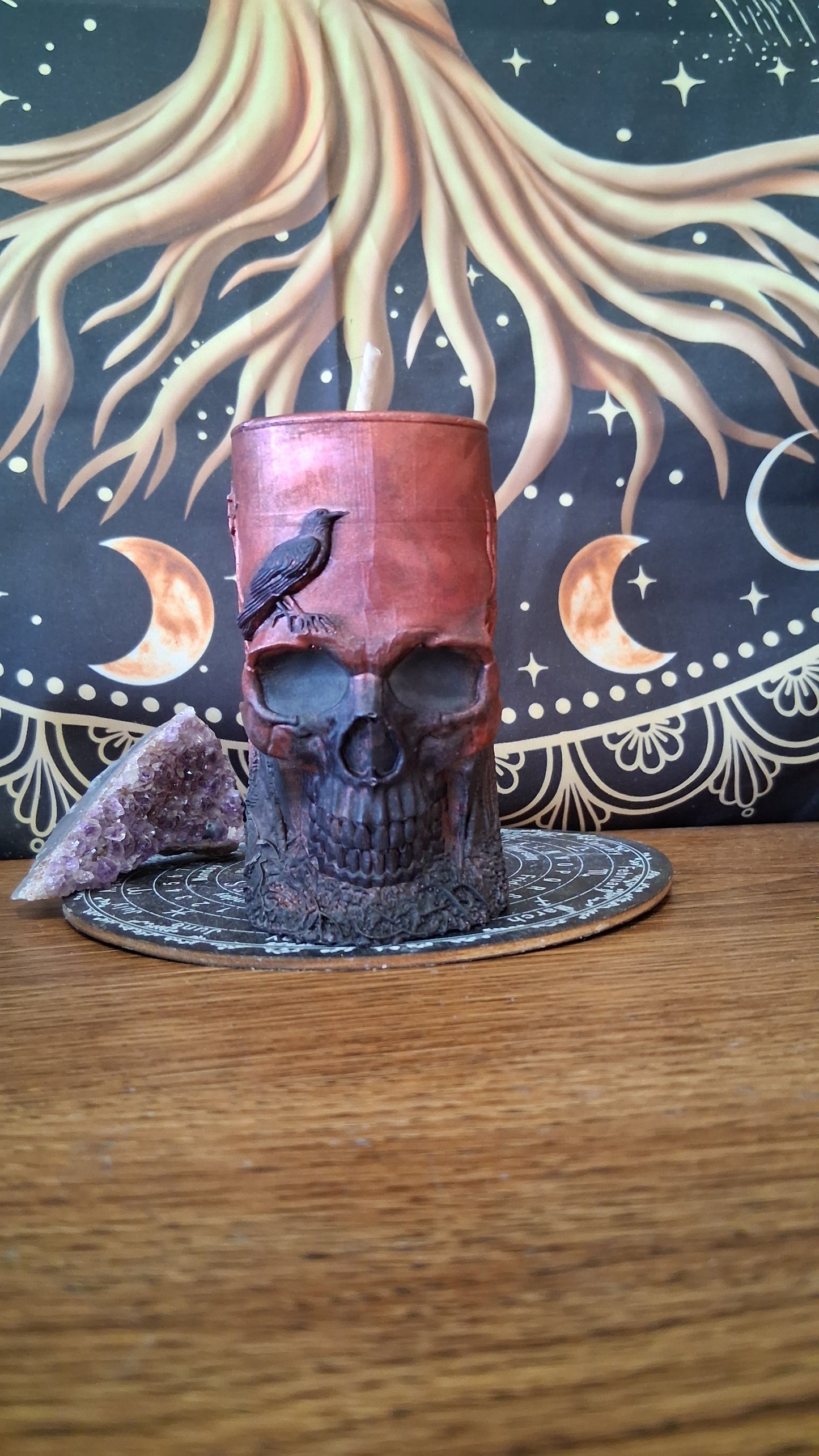 Red and Black Nightshade Elixir Skull and Raven Pillar Candle