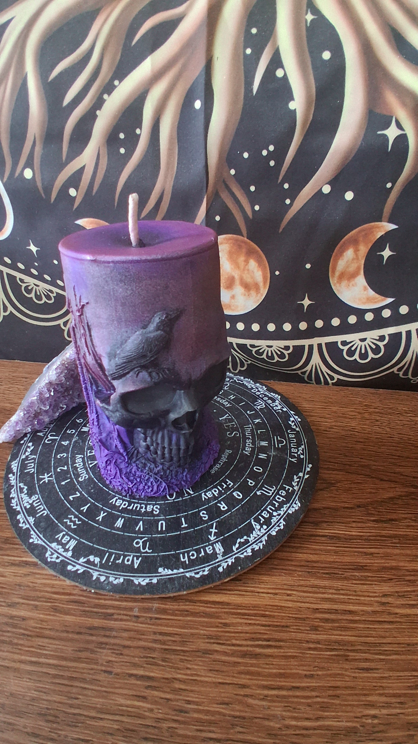 Pink, Purple, and Black Nightshade Elixir Skull and Raven Pillar Candle