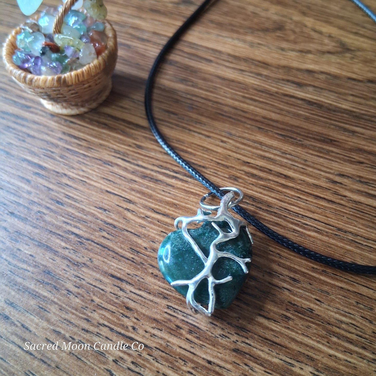 Moss Agate Heart Stone Tree Wrapped Pendant Necklace