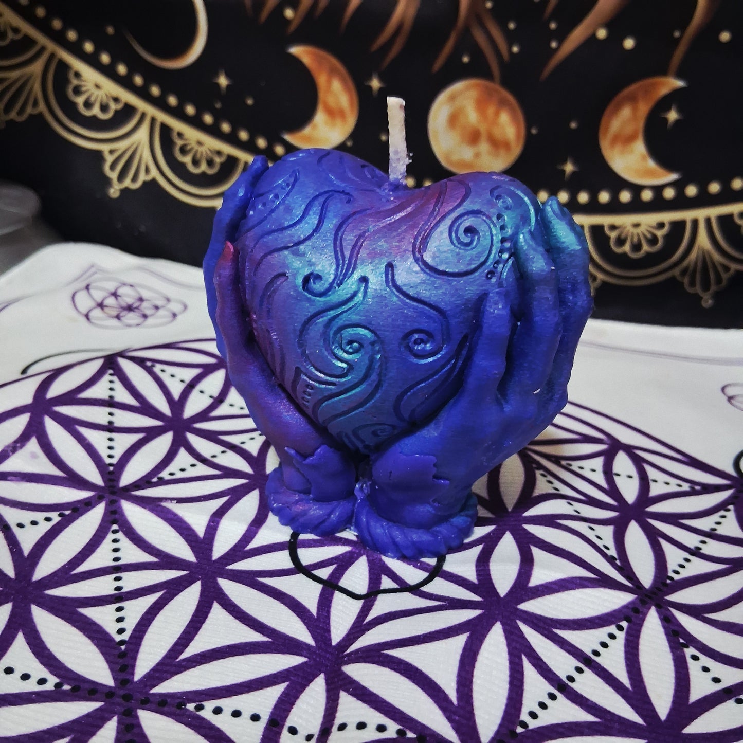 Celestial Embrace Flaming Heart in Hands Candle