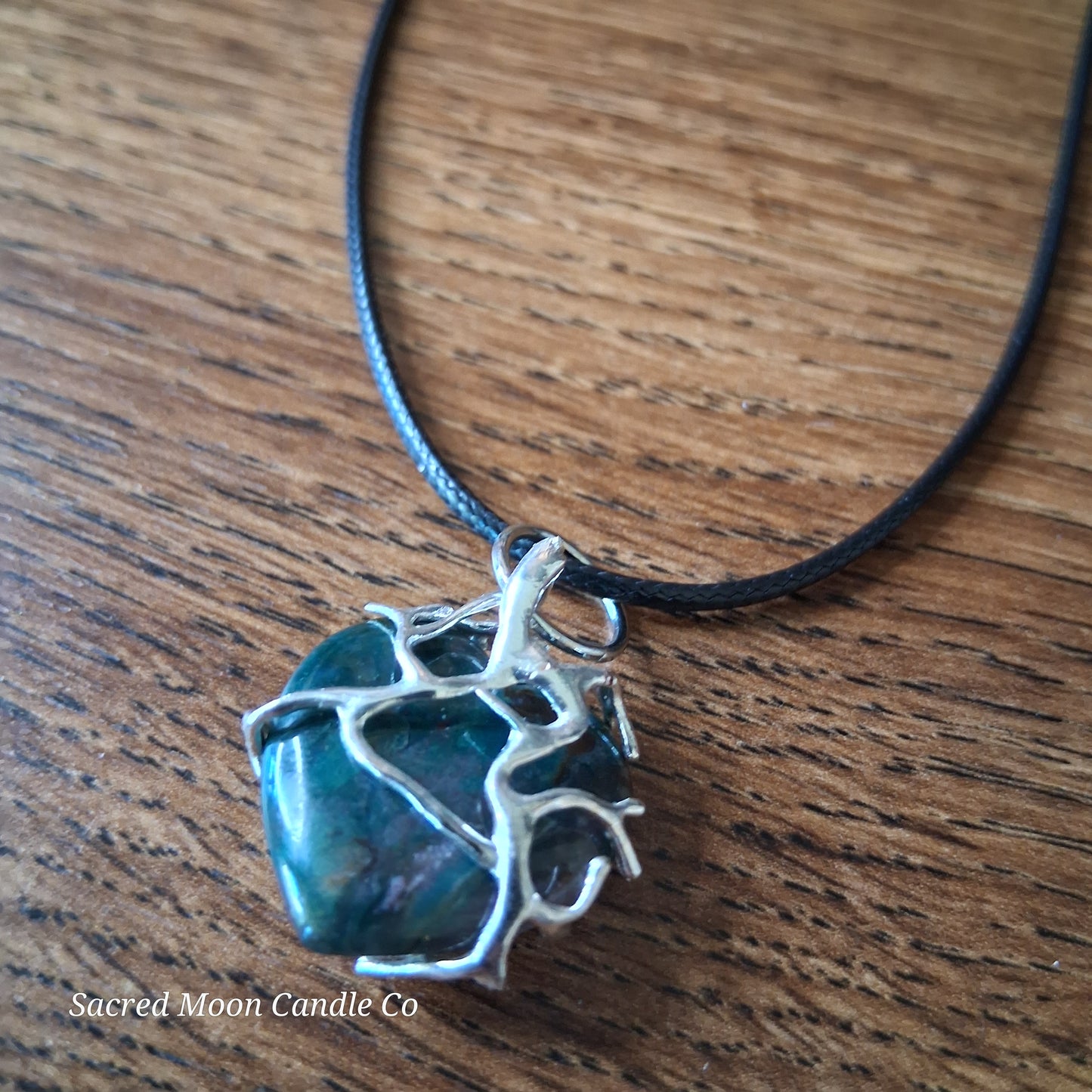 Moss Agate Heart Stone Tree Wrapped Pendant Necklace