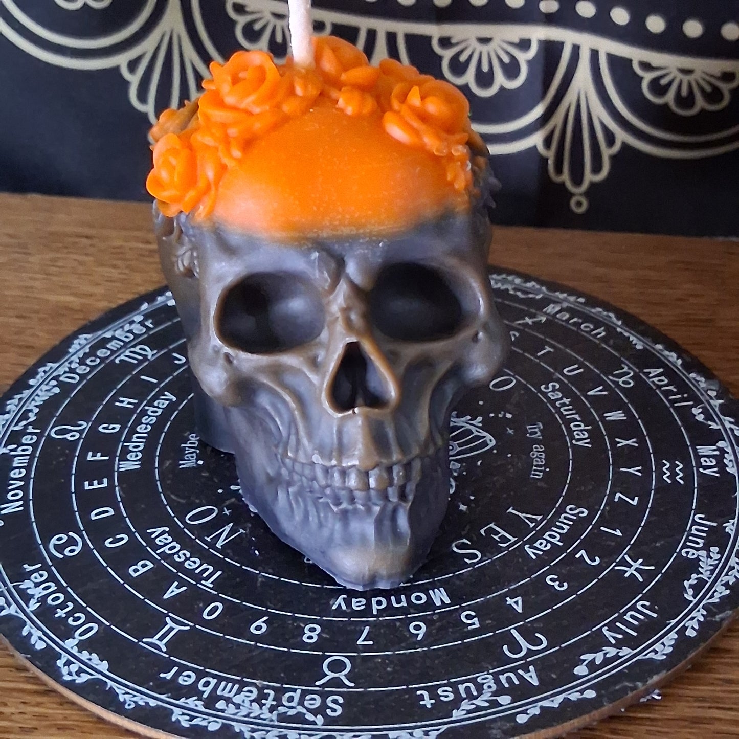 "Twist the Bones & Bend the Back" Skull Candle