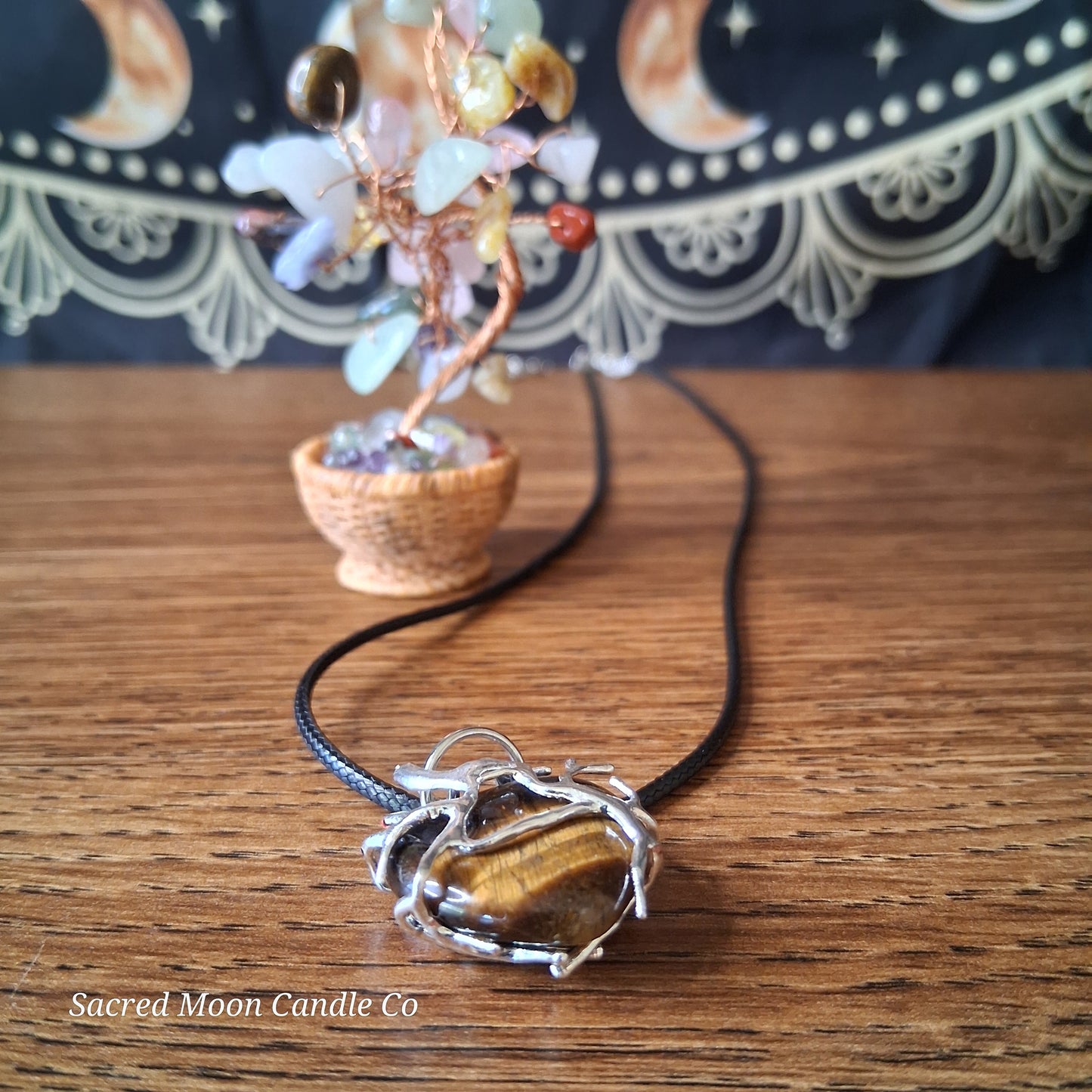 Tigers Eye Tree Branch Wrapped Heart Stone Pendant Necklace