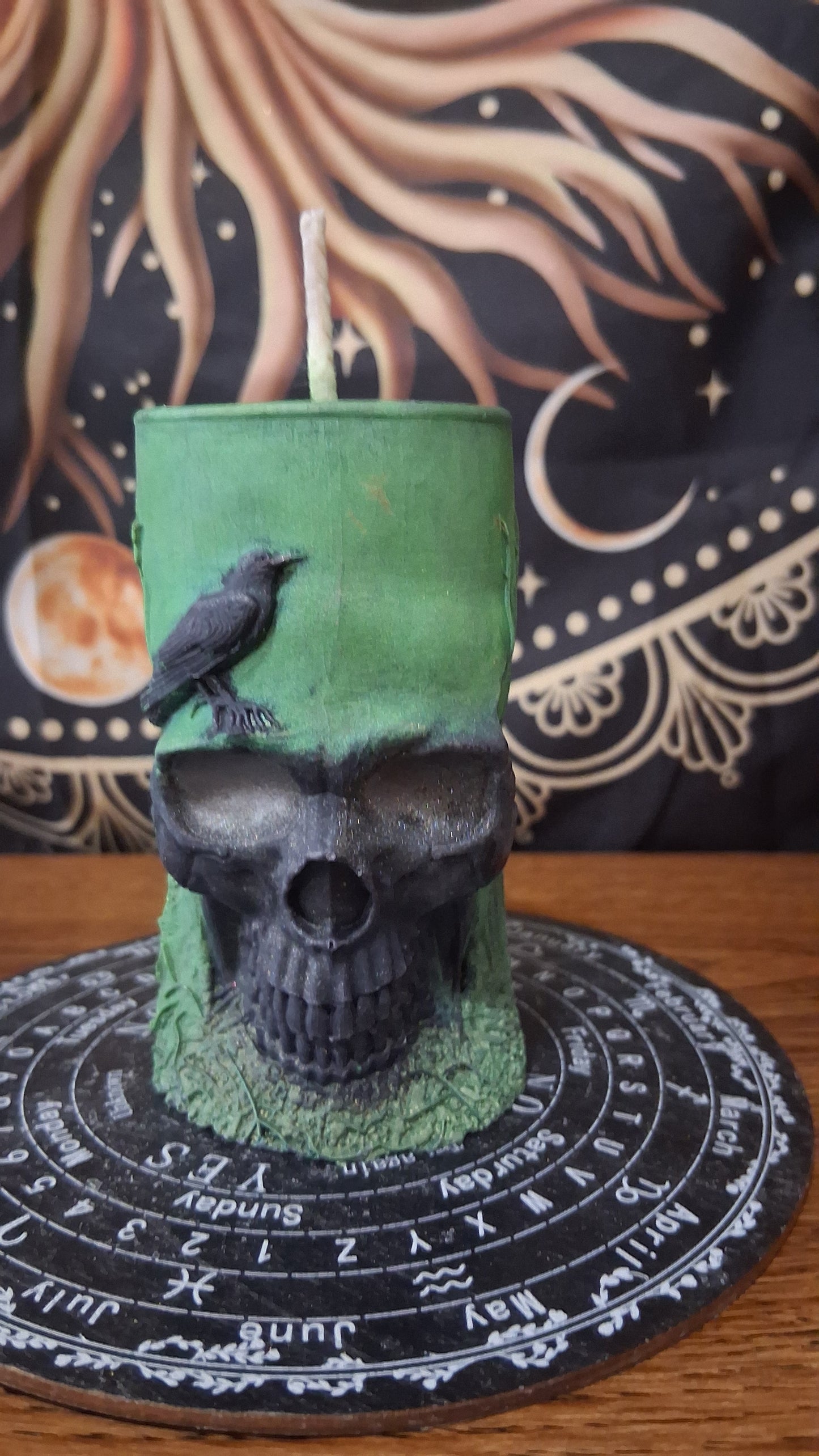 Green and Black Nightshade Elixir Skull and Raven Pillar Candle