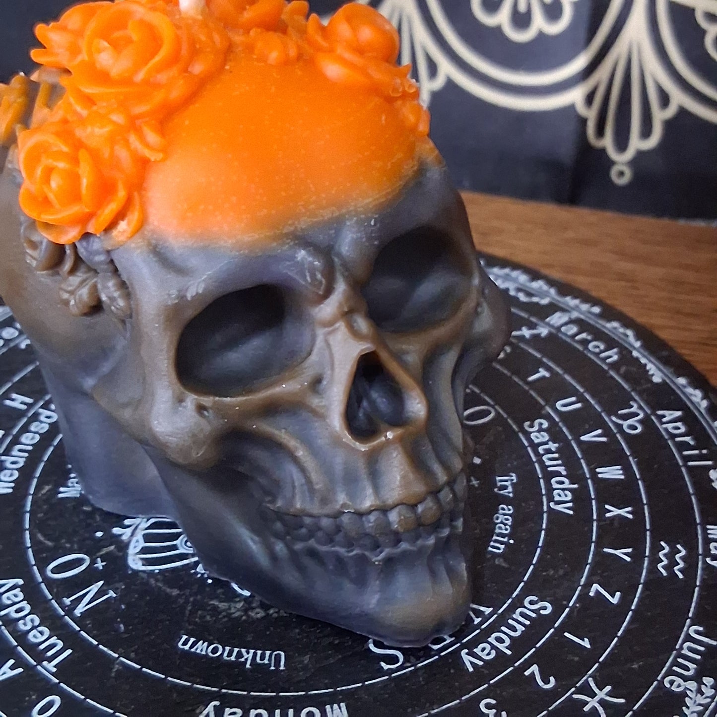 "Twist the Bones & Bend the Back" Skull Candle