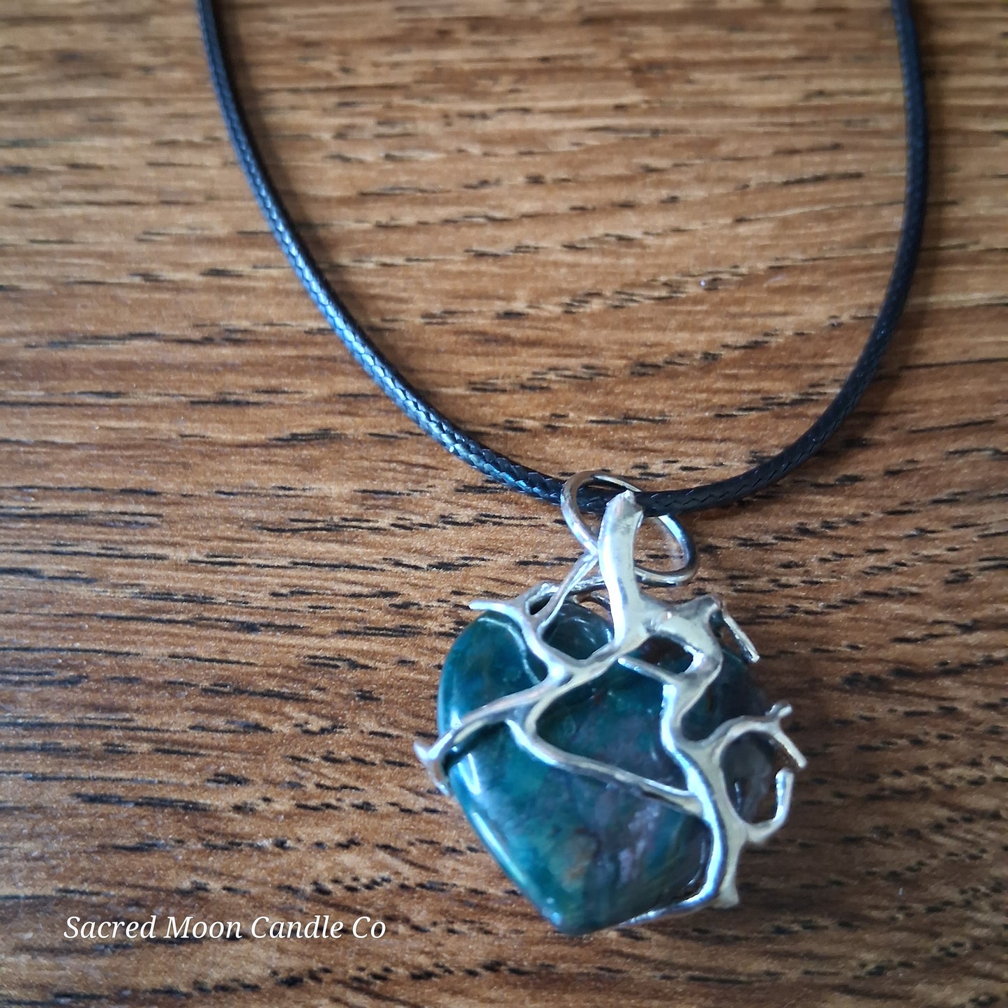 Moss Agate Heart Stone Tree Wrapped Pendant Necklace
