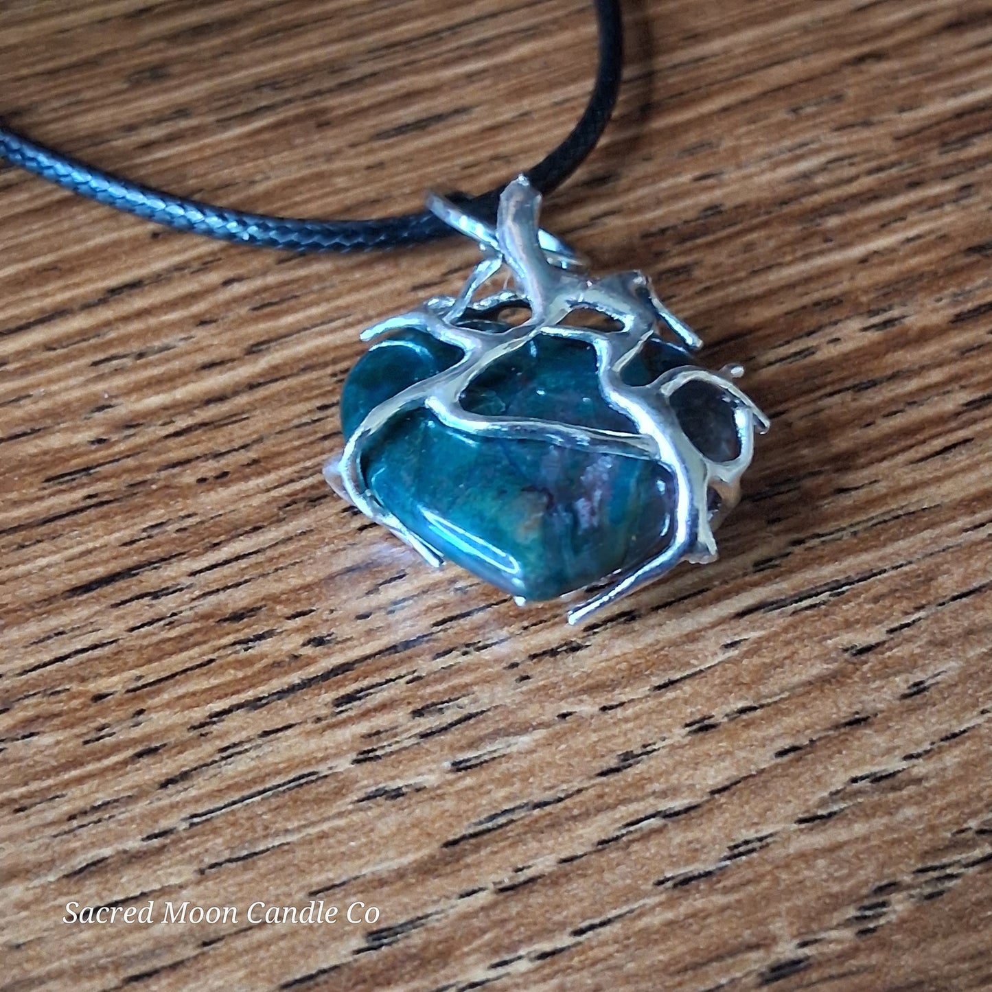 Moss Agate Heart Stone Tree Wrapped Pendant Necklace