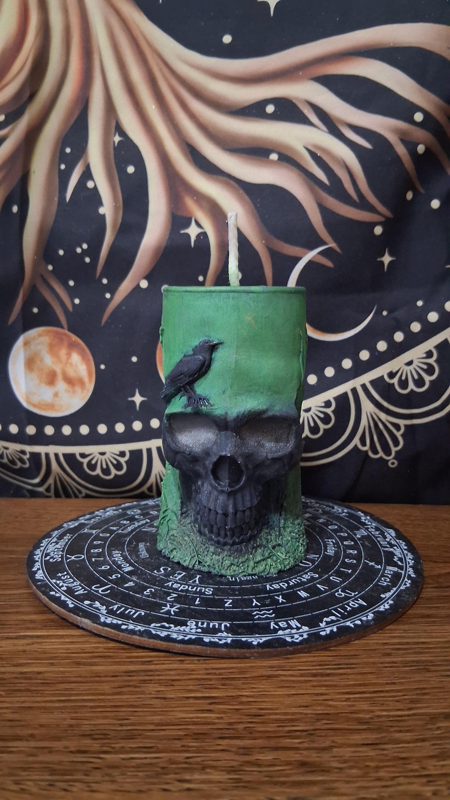 Green and Black Nightshade Elixir Skull and Raven Pillar Candle