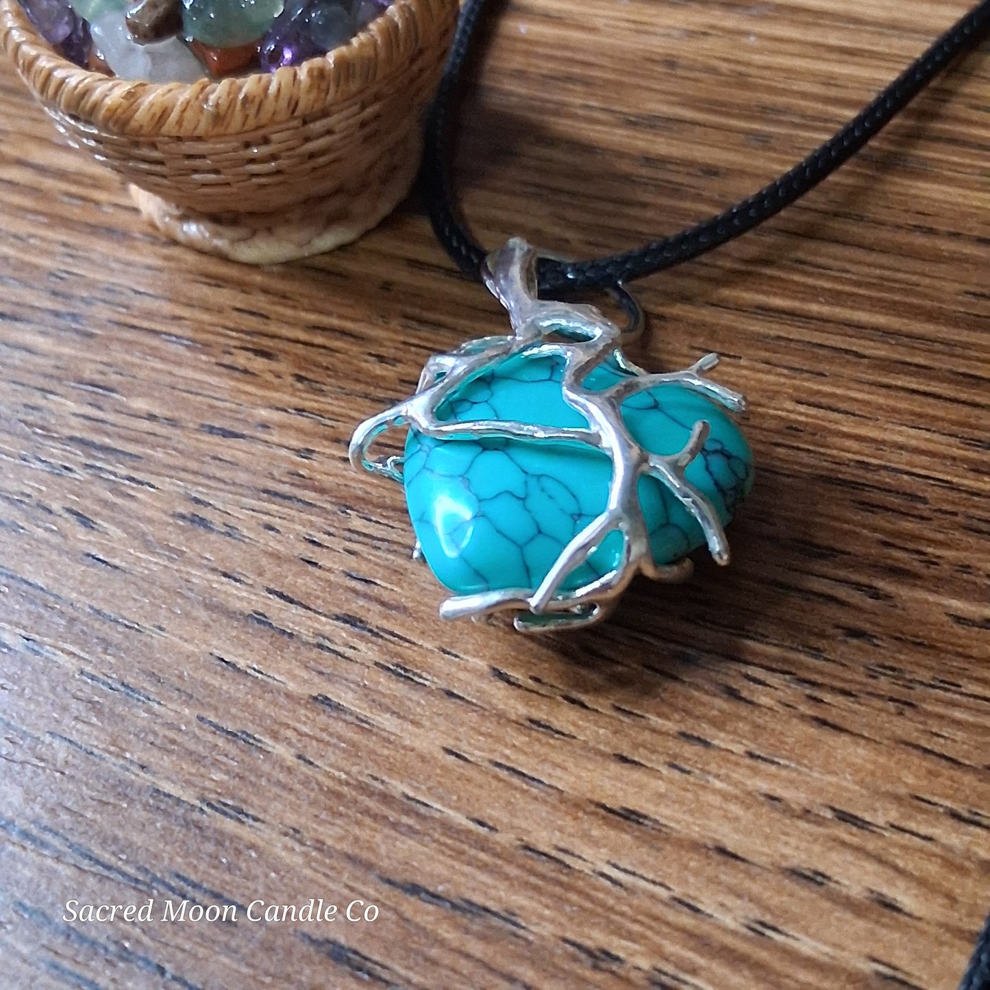 Turquoise Tree Branch Wrapped Heart Stone Pendant Necklace