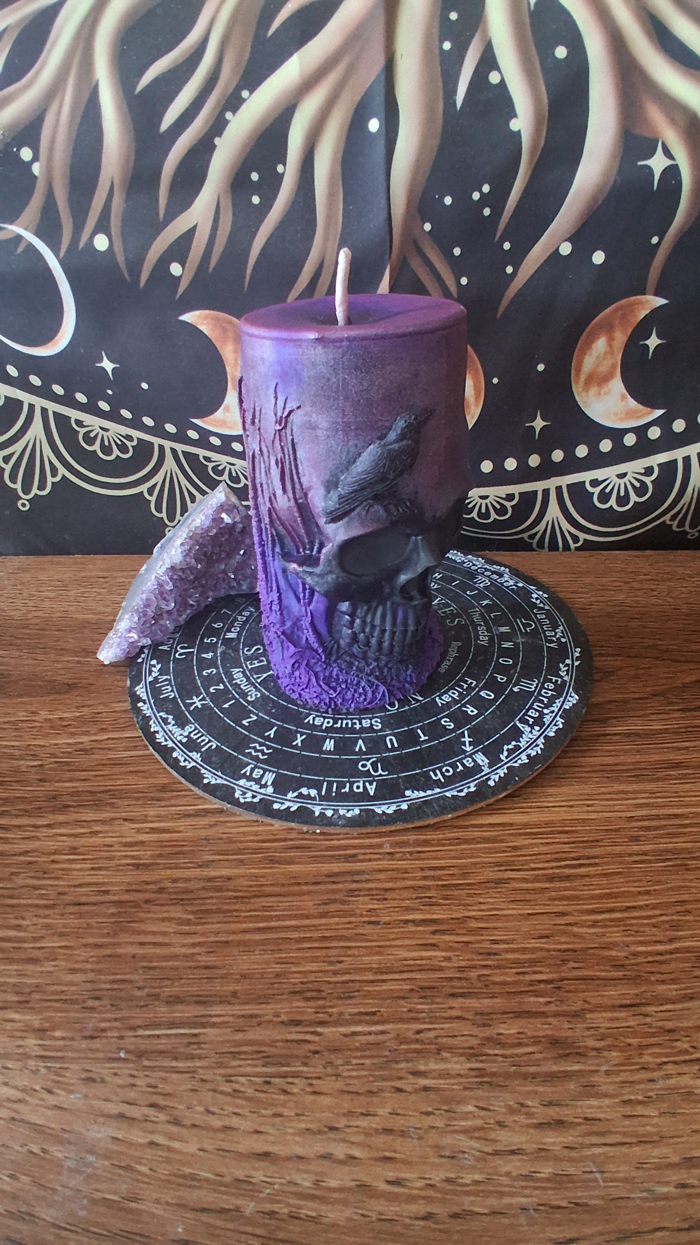Pink, Purple, and Black Nightshade Elixir Skull and Raven Pillar Candle