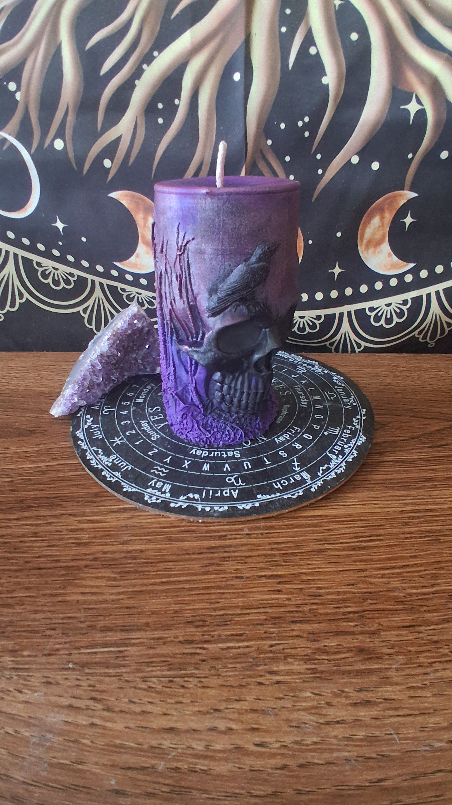 Pink, Purple, and Black Nightshade Elixir Skull and Raven Pillar Candle