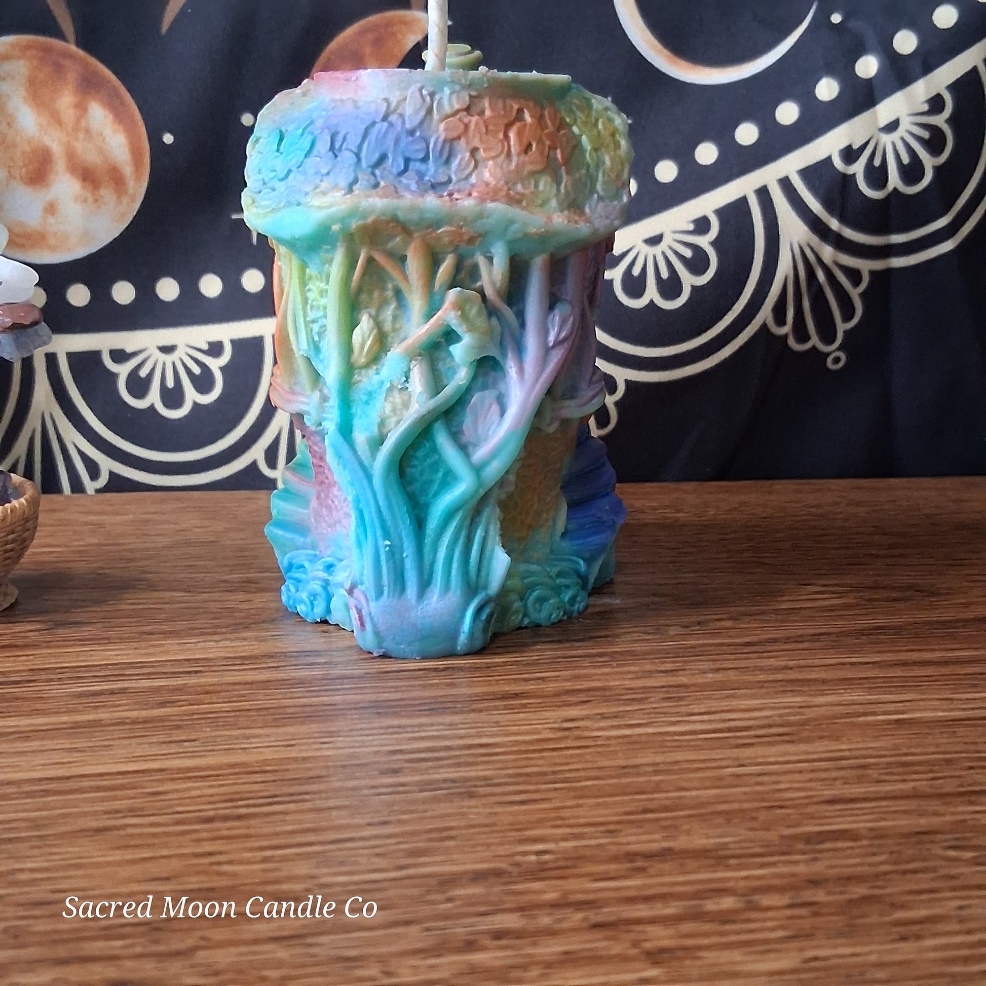 Rainbow Sherbert Sweet Blossom Scented Treehouse Candle by Sacred Moon Candle Co with colorful intricate treehouse design