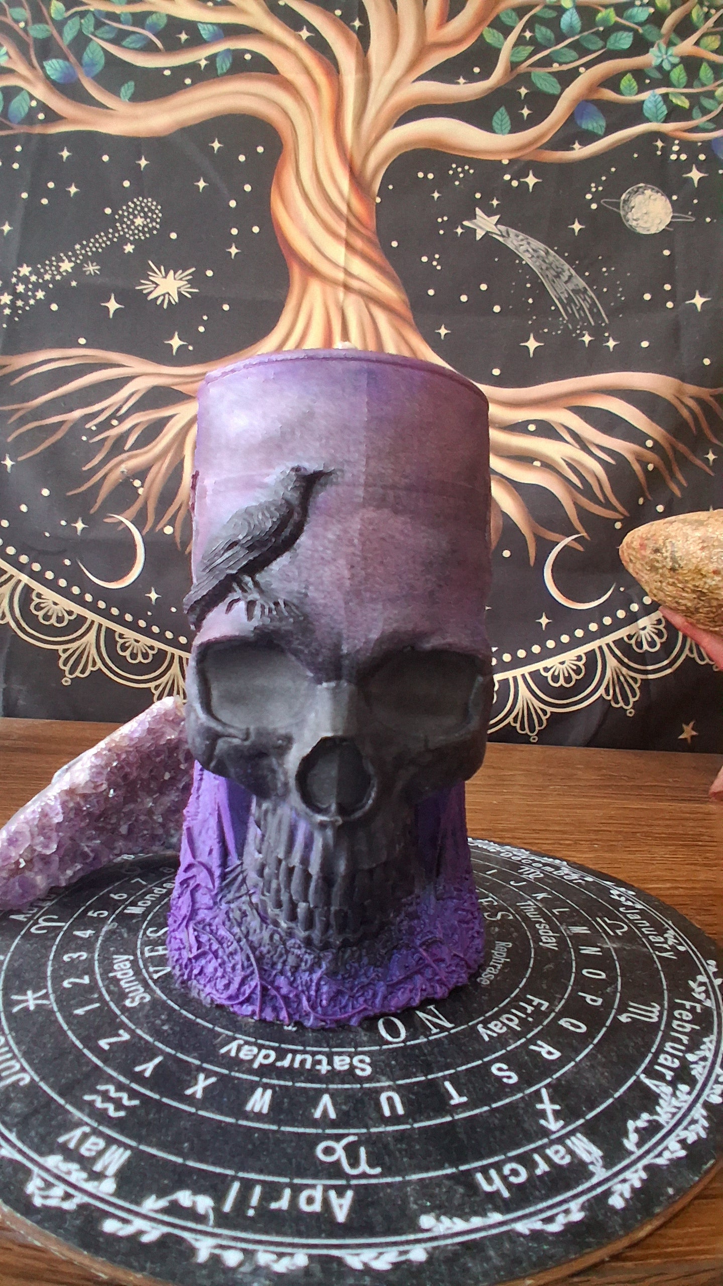 Pink, Purple, and Black Nightshade Elixir Skull and Raven Pillar Candle