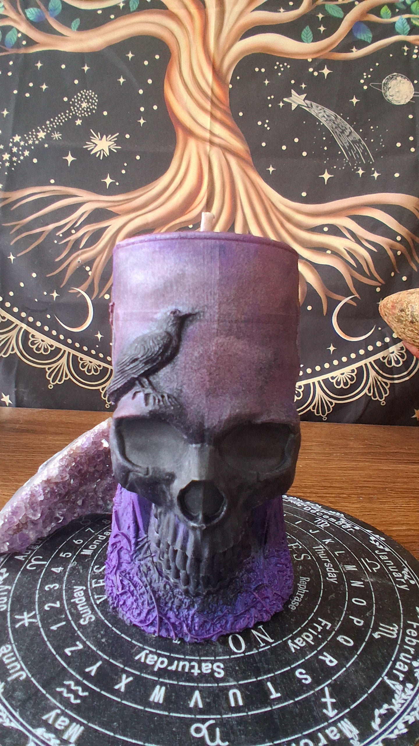 Pink, Purple, and Black Nightshade Elixir Skull and Raven Pillar Candle