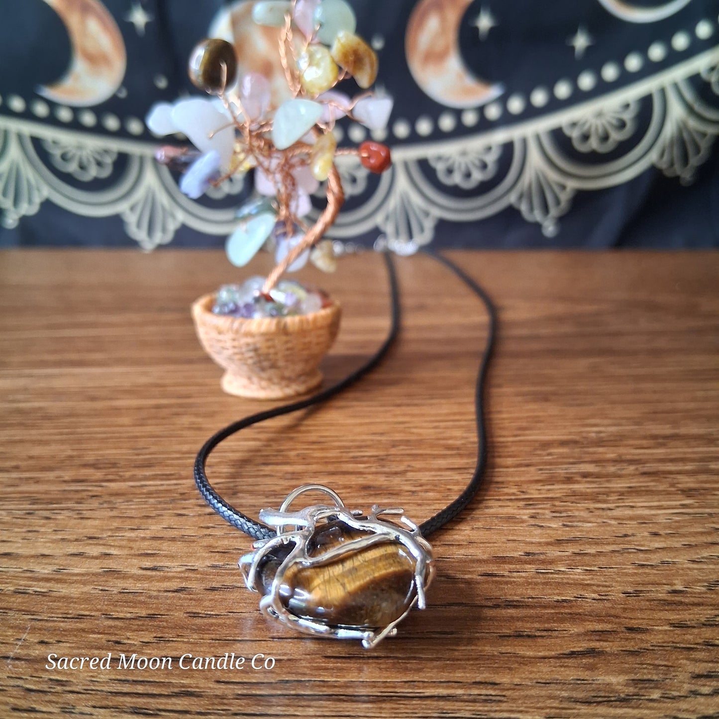 Tigers Eye Tree Branch Wrapped Heart Stone Pendant Necklace