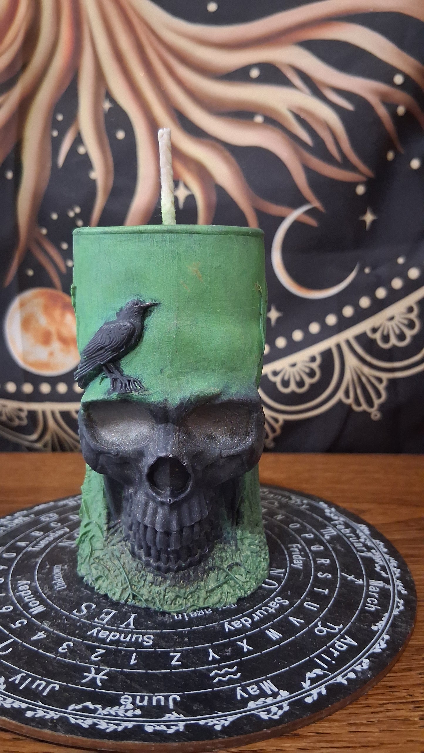 Green and Black Nightshade Elixir Skull and Raven Pillar Candle