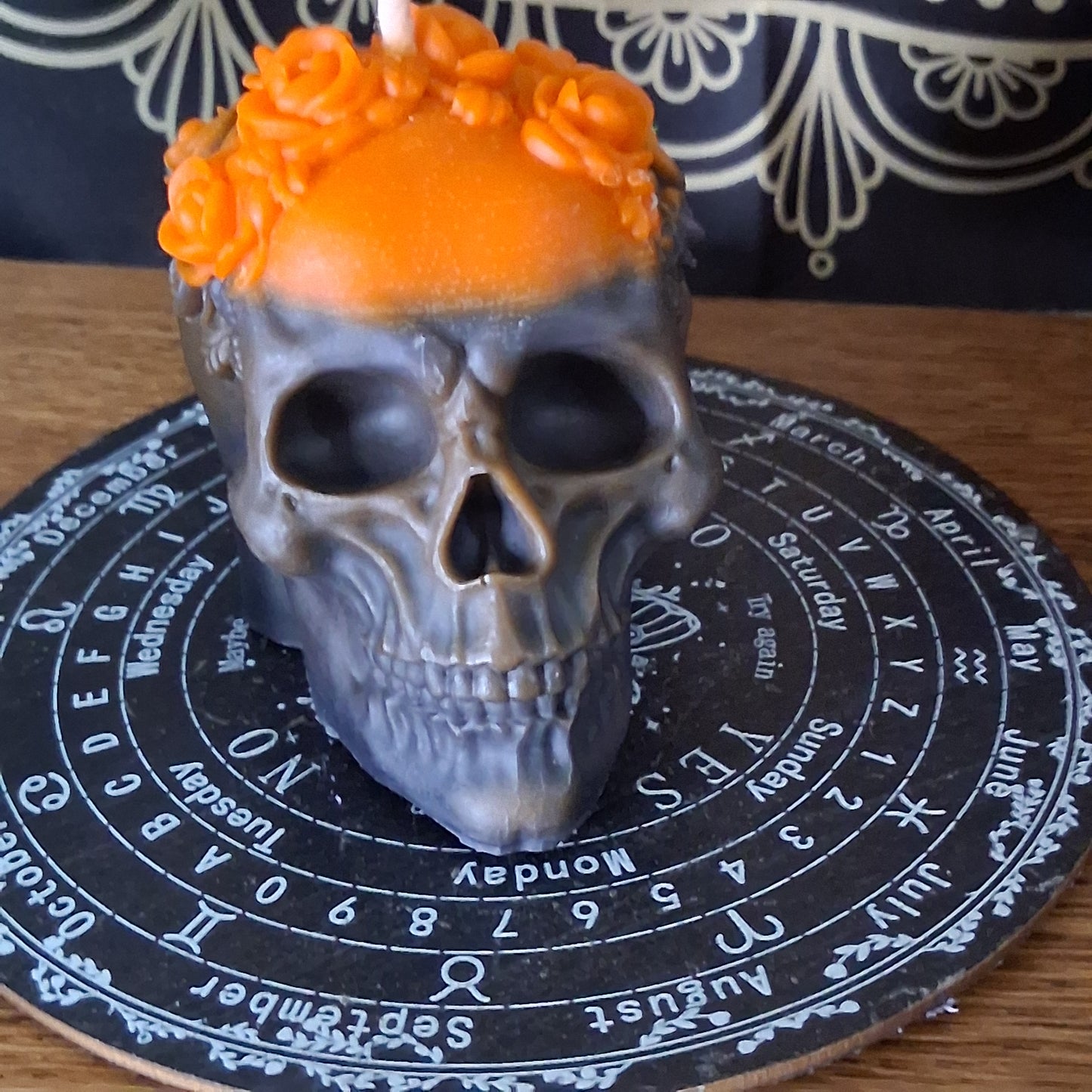 "Twist the Bones & Bend the Back" Skull Candle