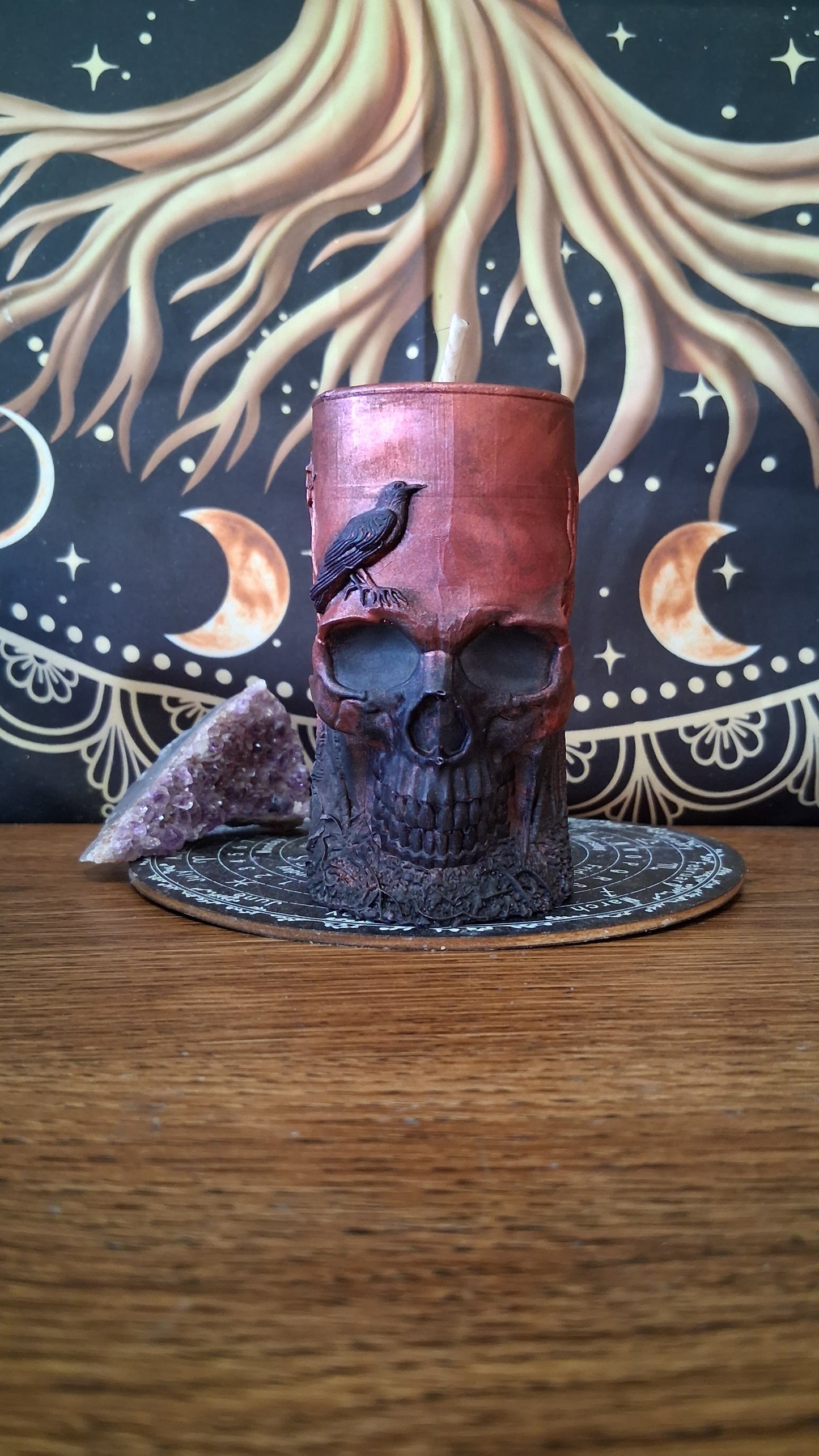 Red and Black Nightshade Elixir Skull and Raven Pillar Candle