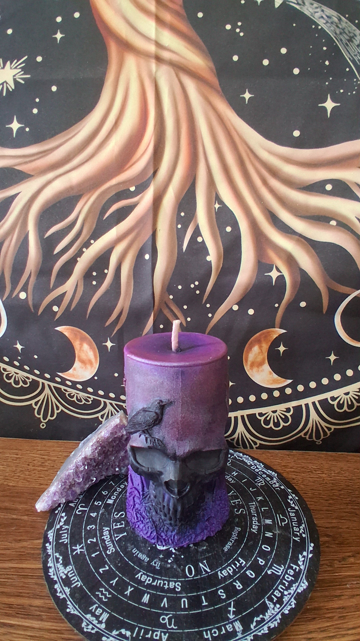 Pink, Purple, and Black Nightshade Elixir Skull and Raven Pillar Candle