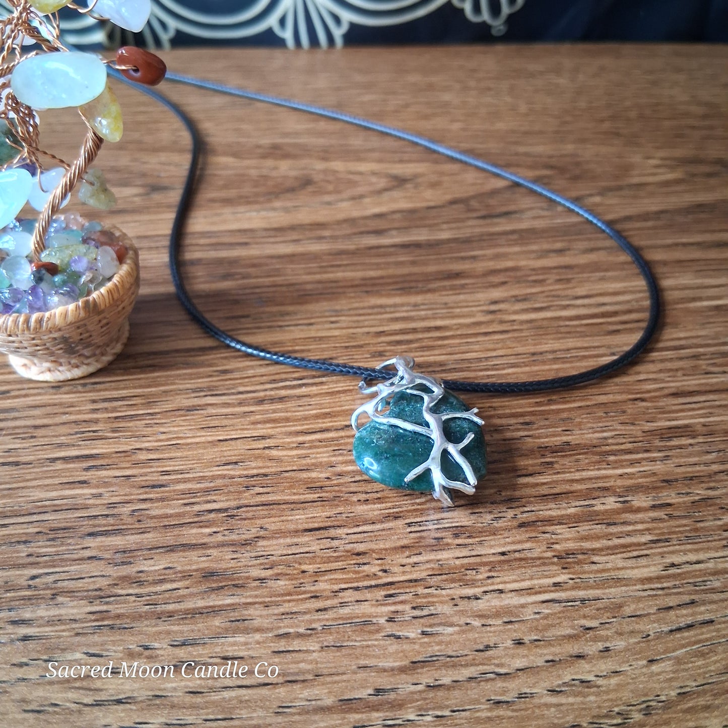 Moss Agate Heart Stone Tree Wrapped Pendant Necklace