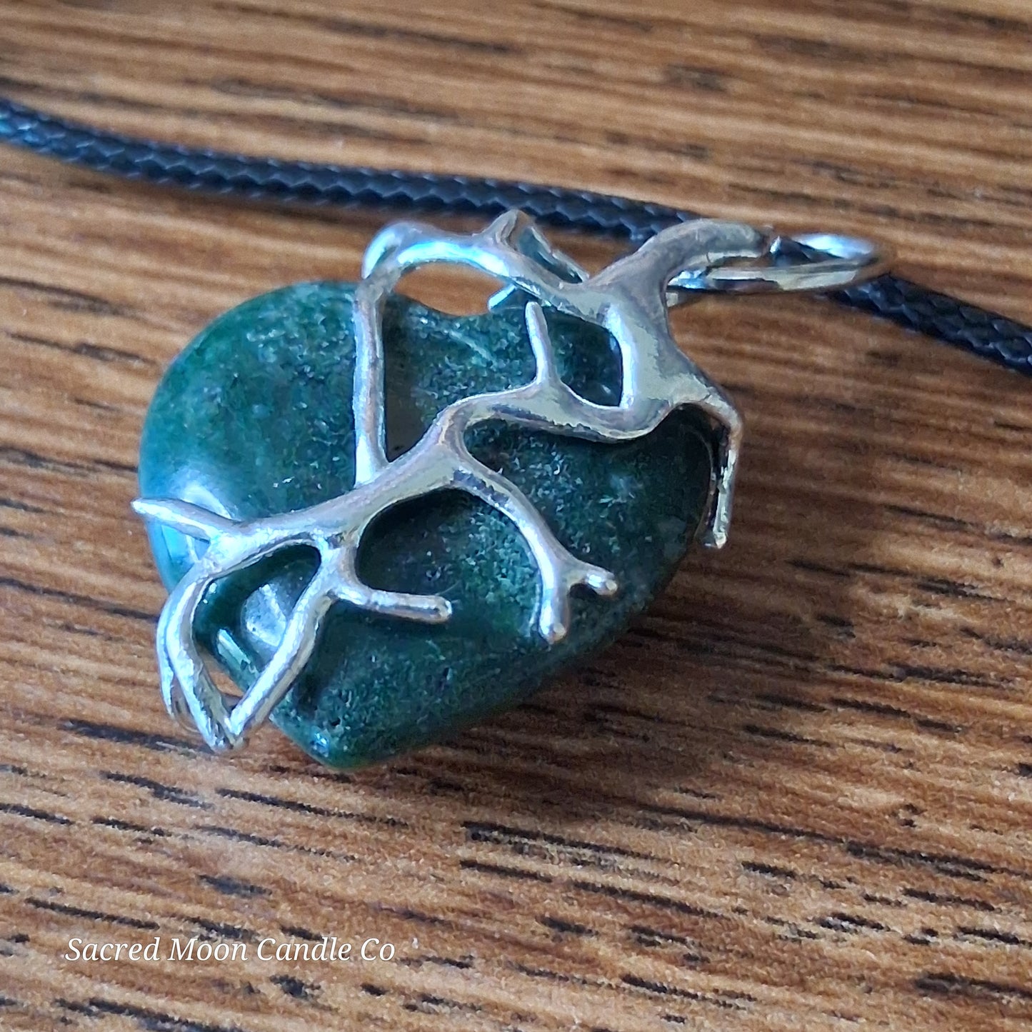 Moss Agate Heart Stone Tree Wrapped Pendant Necklace