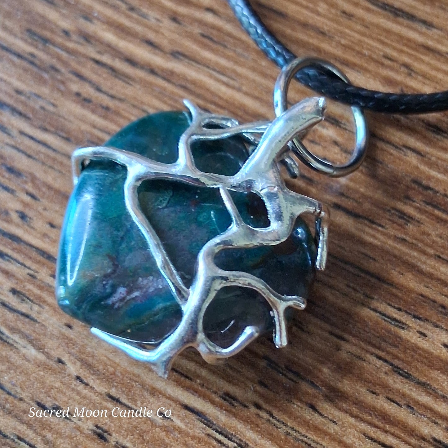 Moss Agate Heart Stone Tree Wrapped Pendant Necklace