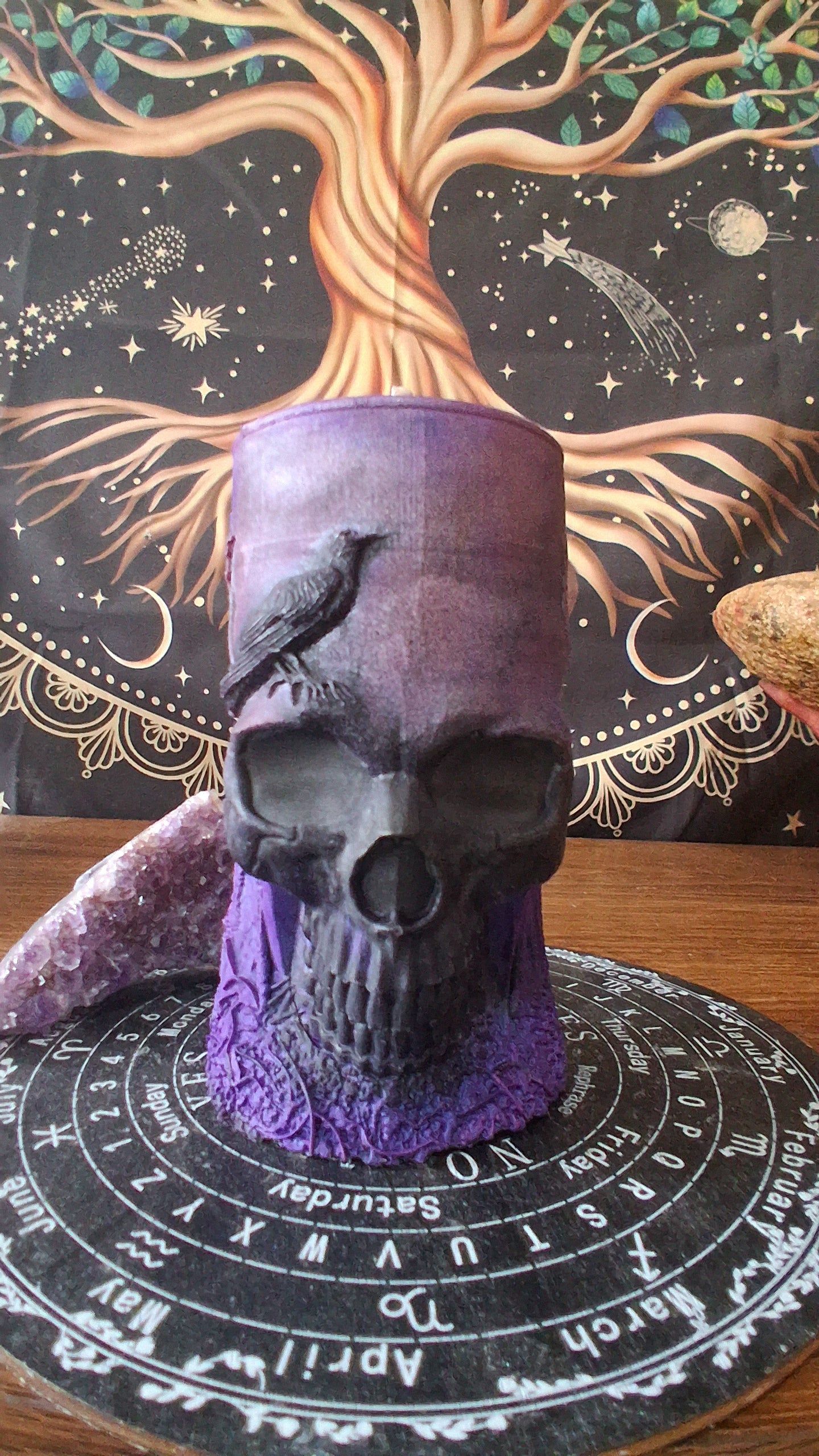 Pink, Purple, and Black Nightshade Elixir Skull and Raven Pillar Candle