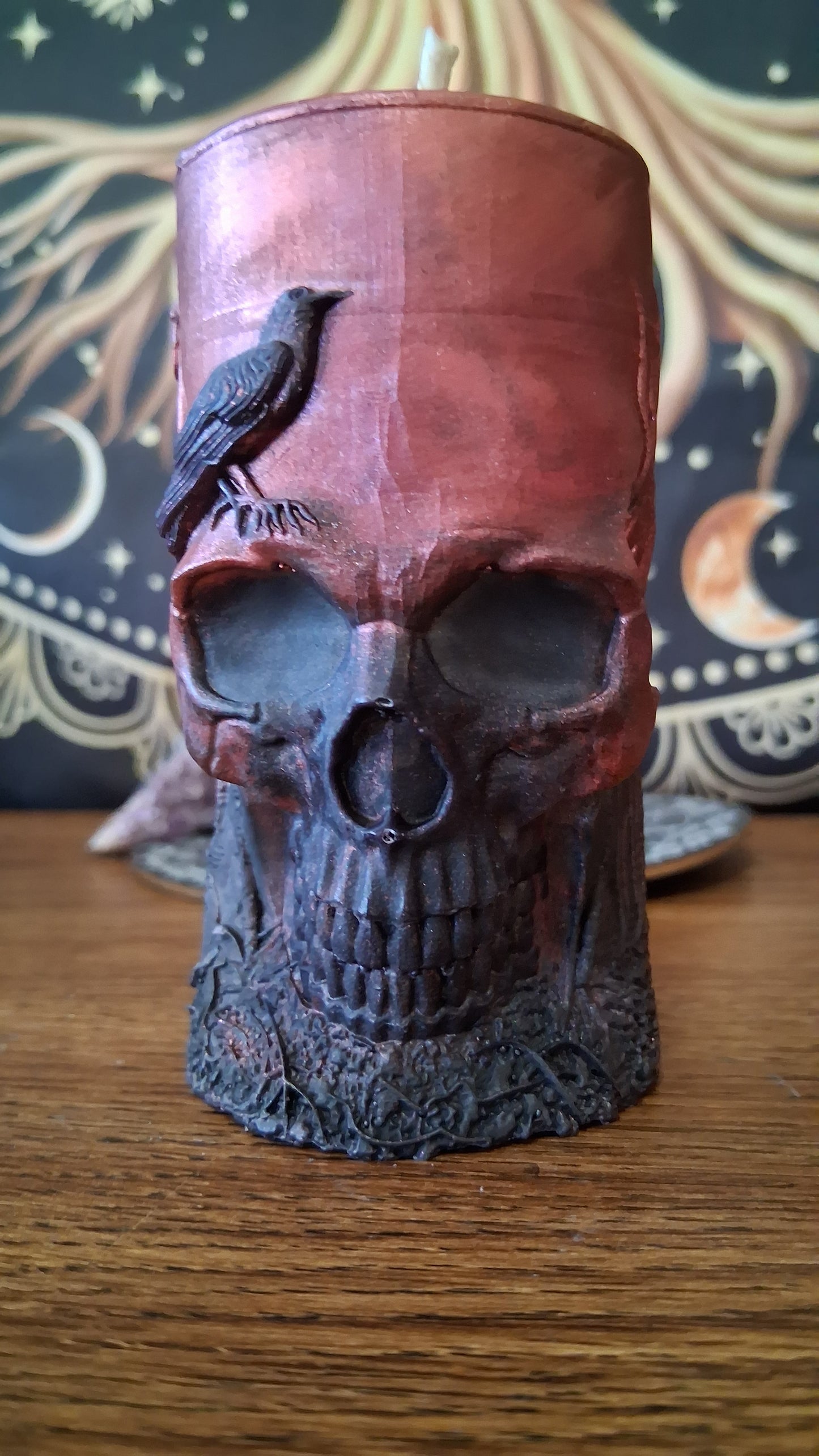 Red and Black Nightshade Elixir Skull and Raven Pillar Candle