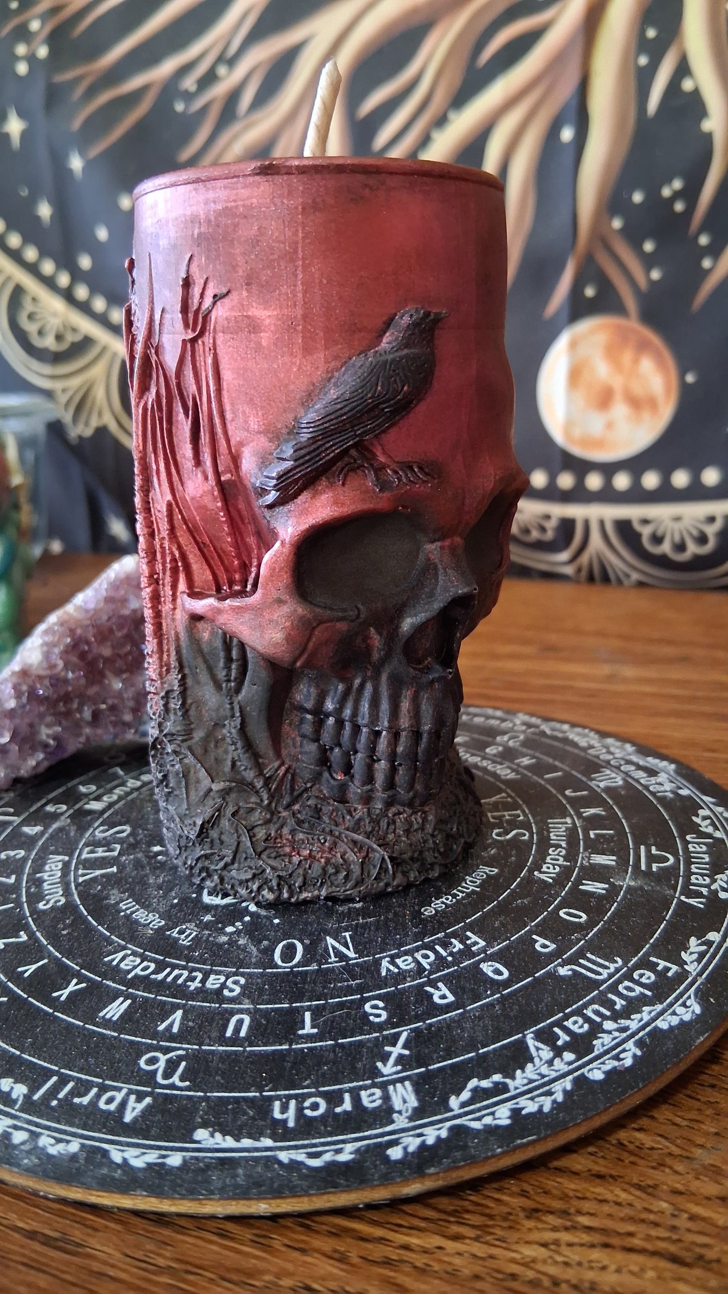 Red and Black Nightshade Elixir Skull and Raven Pillar Candle