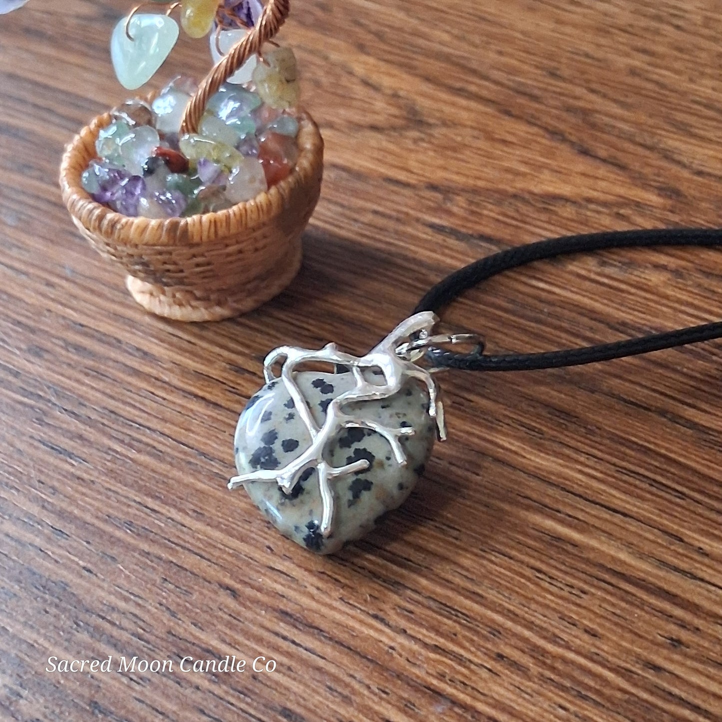 Dalmatian Jasper Tree Branch Wrapped Heart Stone Pendant Necklace